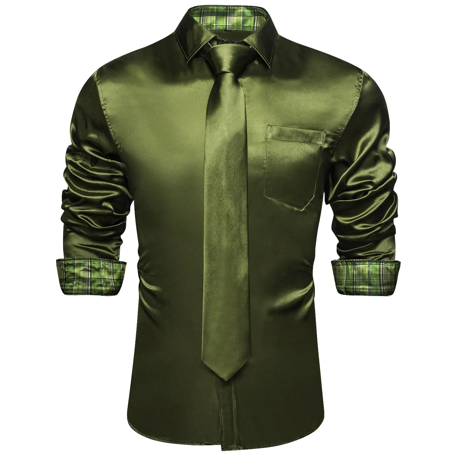 Green Plaid Splicing Contrasting Colors Long Sleeve Shirts For Men's Designer Stretch Satin Tuxedo Clothing Blouses