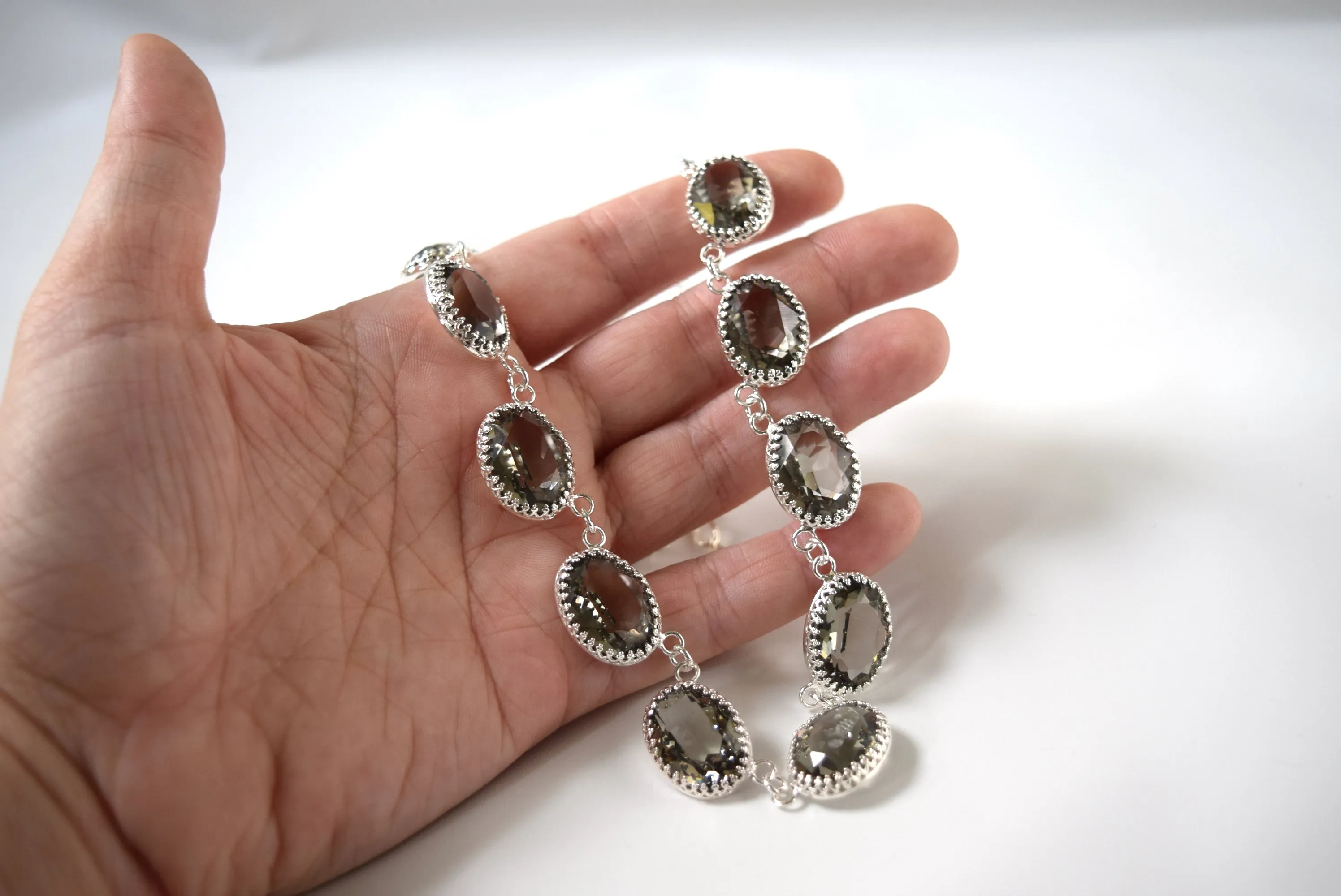 Grey Swarovski Crystal Collet Necklace - Large Oval Crown Setting