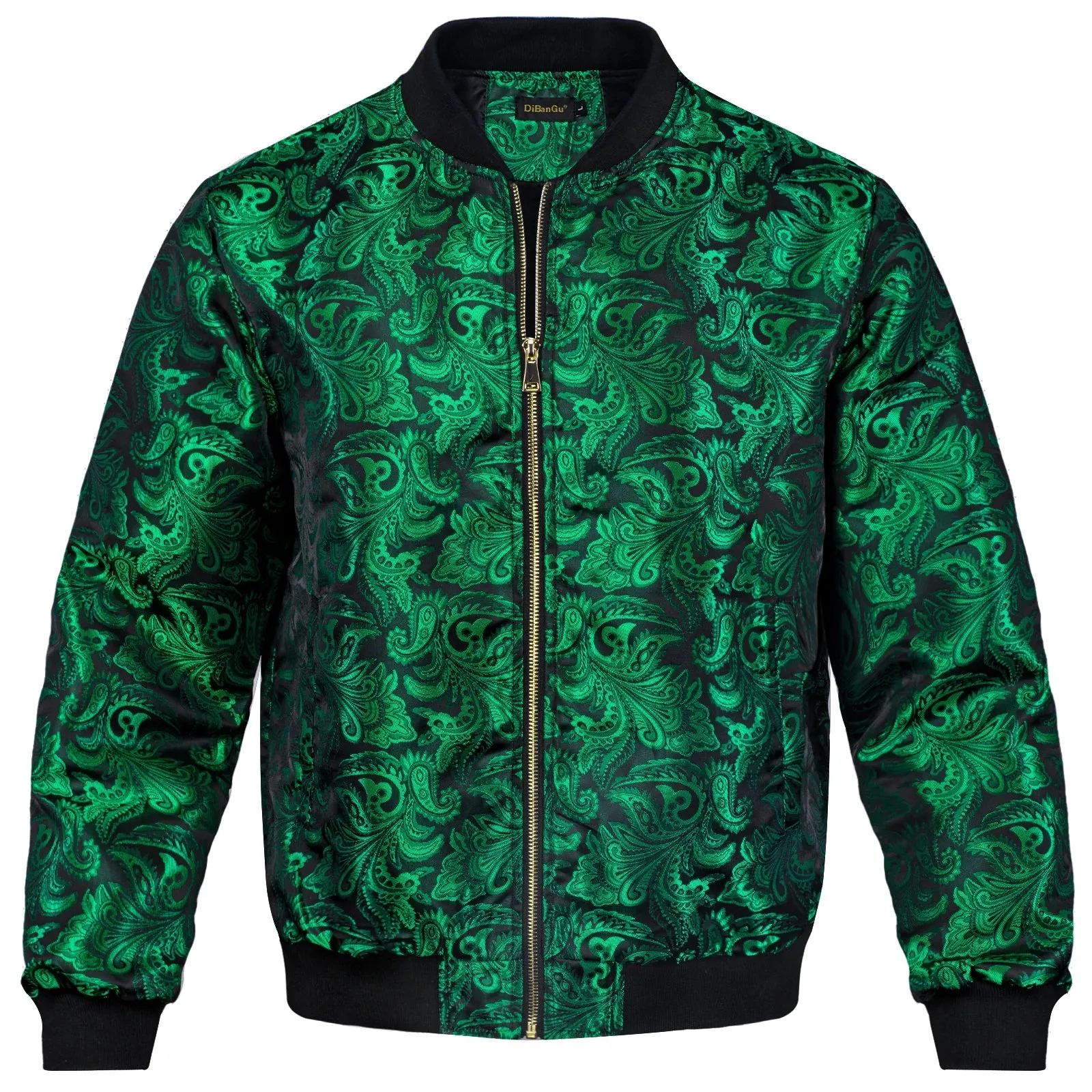 High Stree Green Zipper Jacket Men's Jacquard Pasiley Coat Woven Sport Streetwear Uniform Long Sleeves for Fall Winter