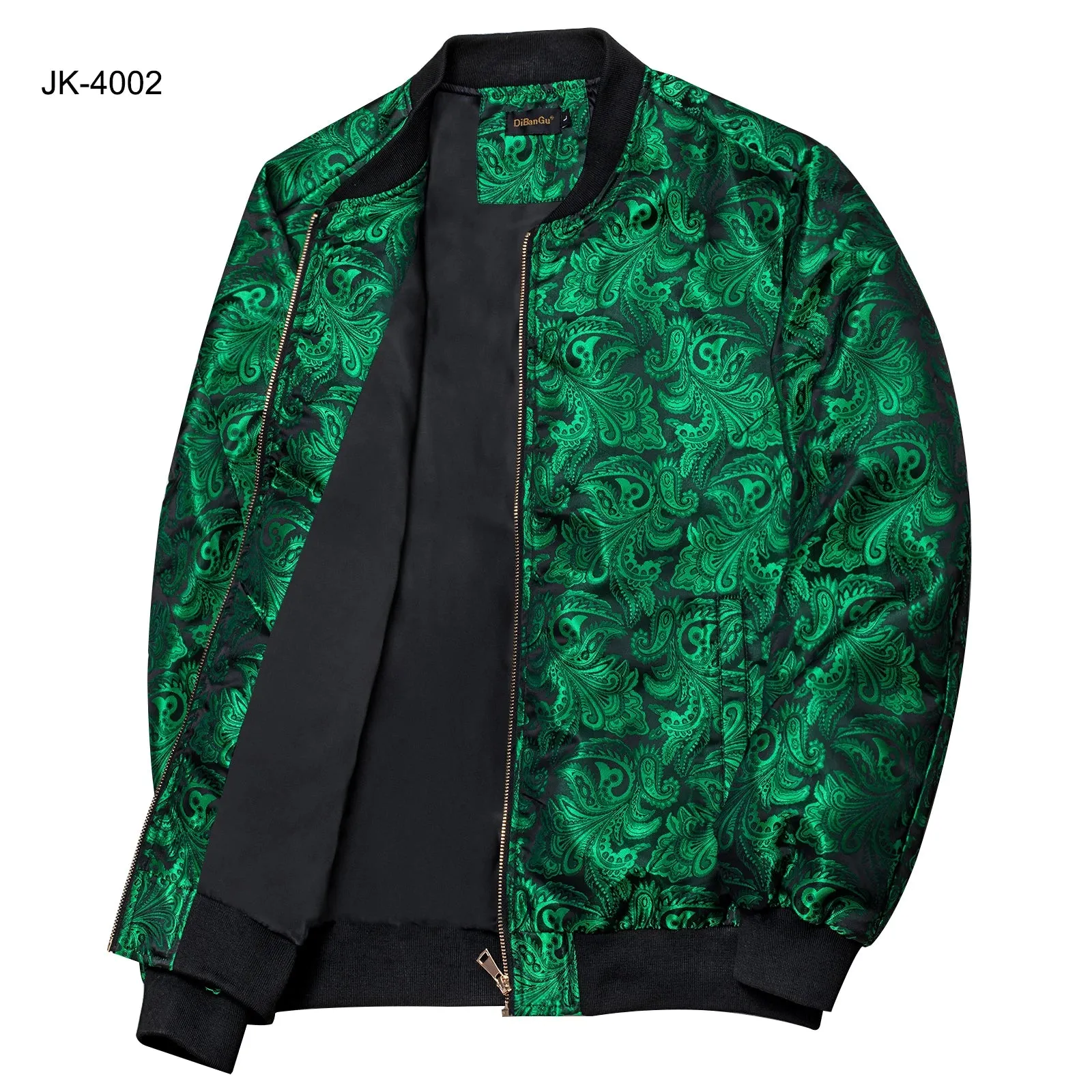 High Stree Green Zipper Jacket Men's Jacquard Pasiley Coat Woven Sport Streetwear Uniform Long Sleeves for Fall Winter