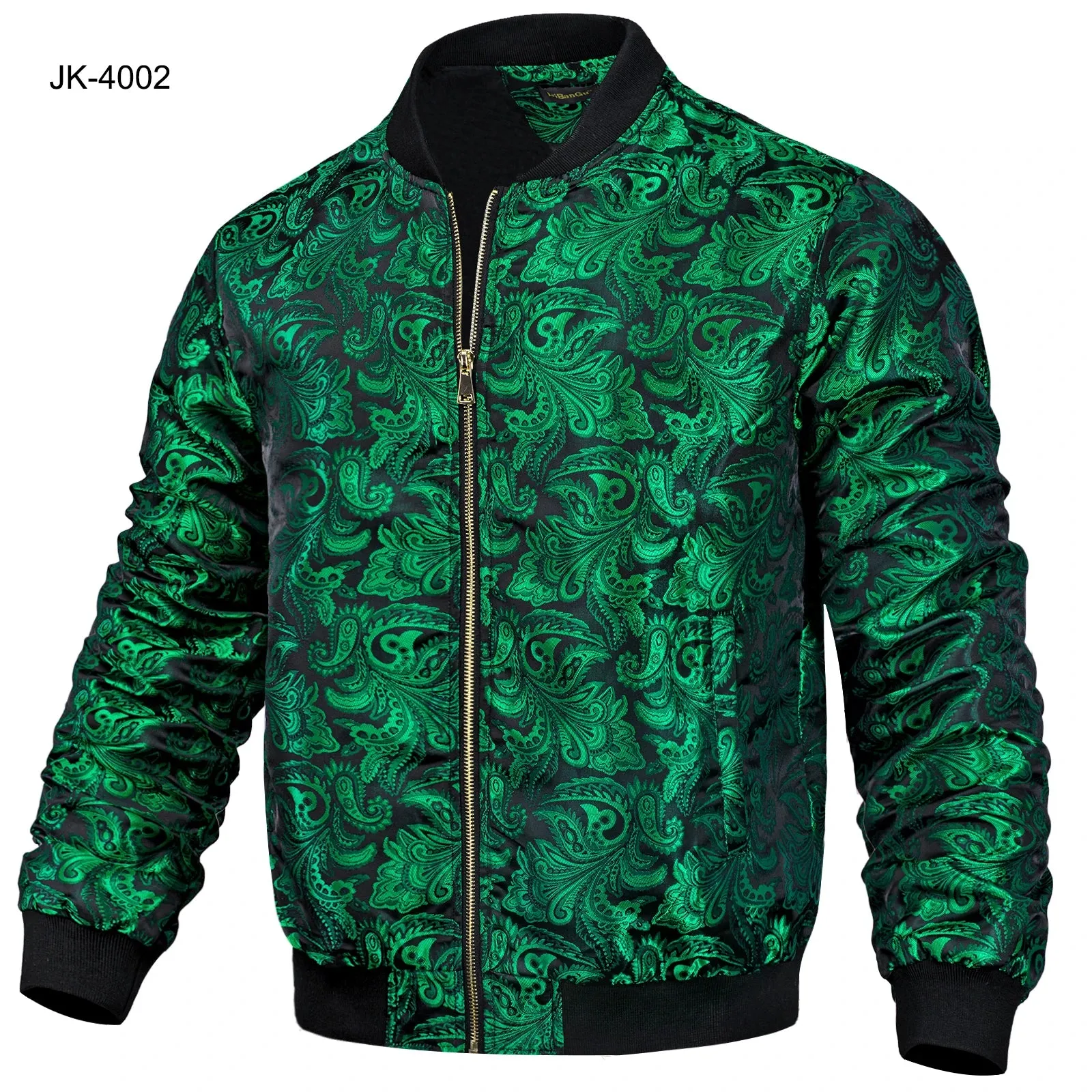 High Stree Green Zipper Jacket Men's Jacquard Pasiley Coat Woven Sport Streetwear Uniform Long Sleeves for Fall Winter