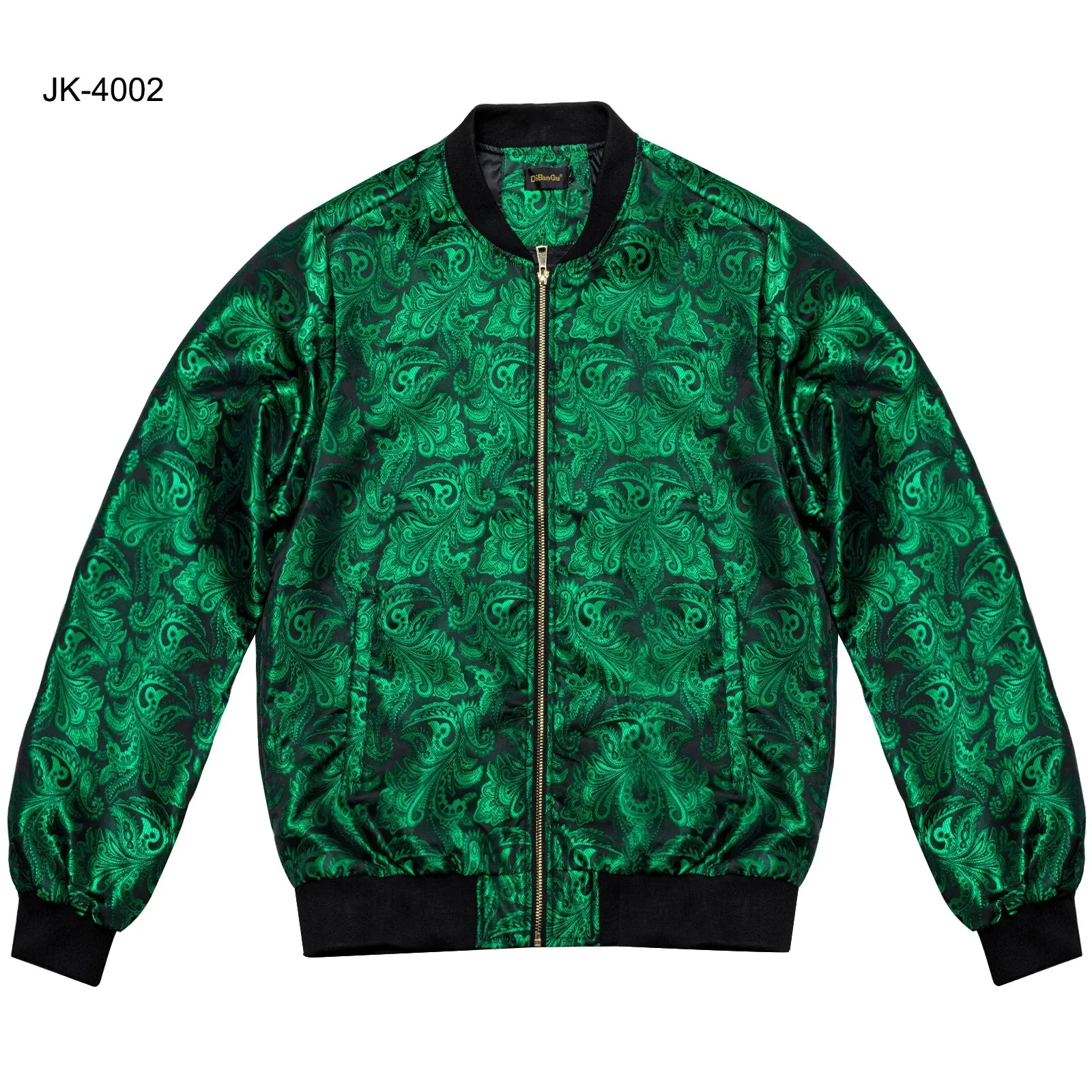 High Stree Green Zipper Jacket Men's Jacquard Pasiley Coat Woven Sport Streetwear Uniform Long Sleeves for Fall Winter