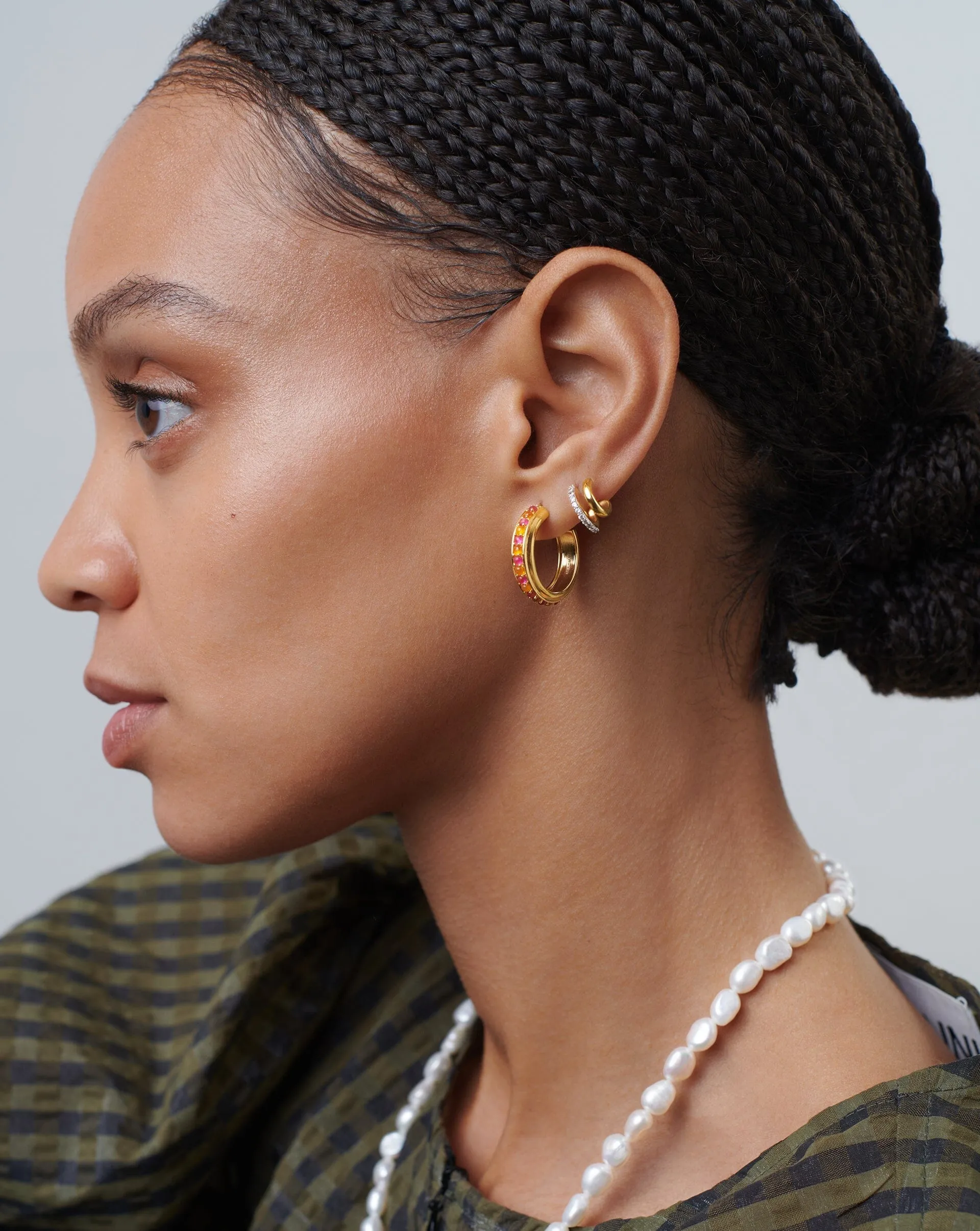 Hot Rox Gemstone Medium Hoop Earrings | 18ct Gold Plated Vermeil/Pink Quartz & Peach Chalcedony