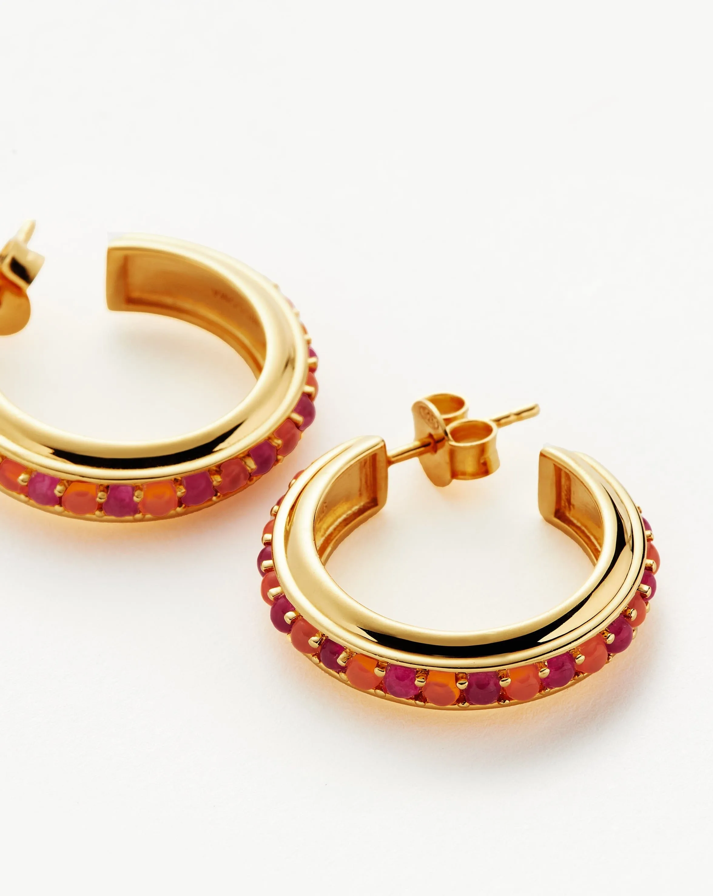 Hot Rox Gemstone Medium Hoop Earrings | 18ct Gold Plated Vermeil/Pink Quartz & Peach Chalcedony