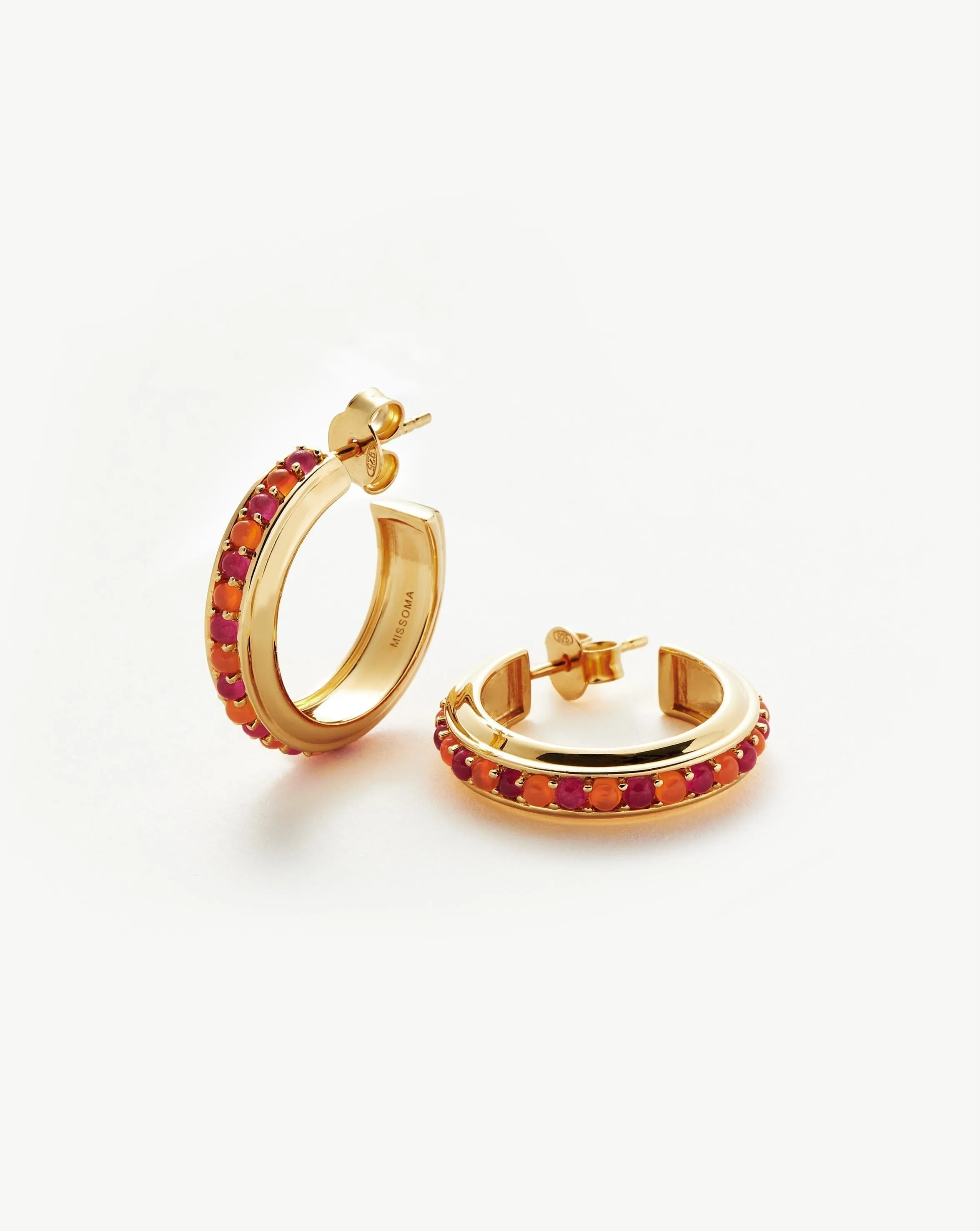 Hot Rox Gemstone Medium Hoop Earrings | 18ct Gold Plated Vermeil/Pink Quartz & Peach Chalcedony