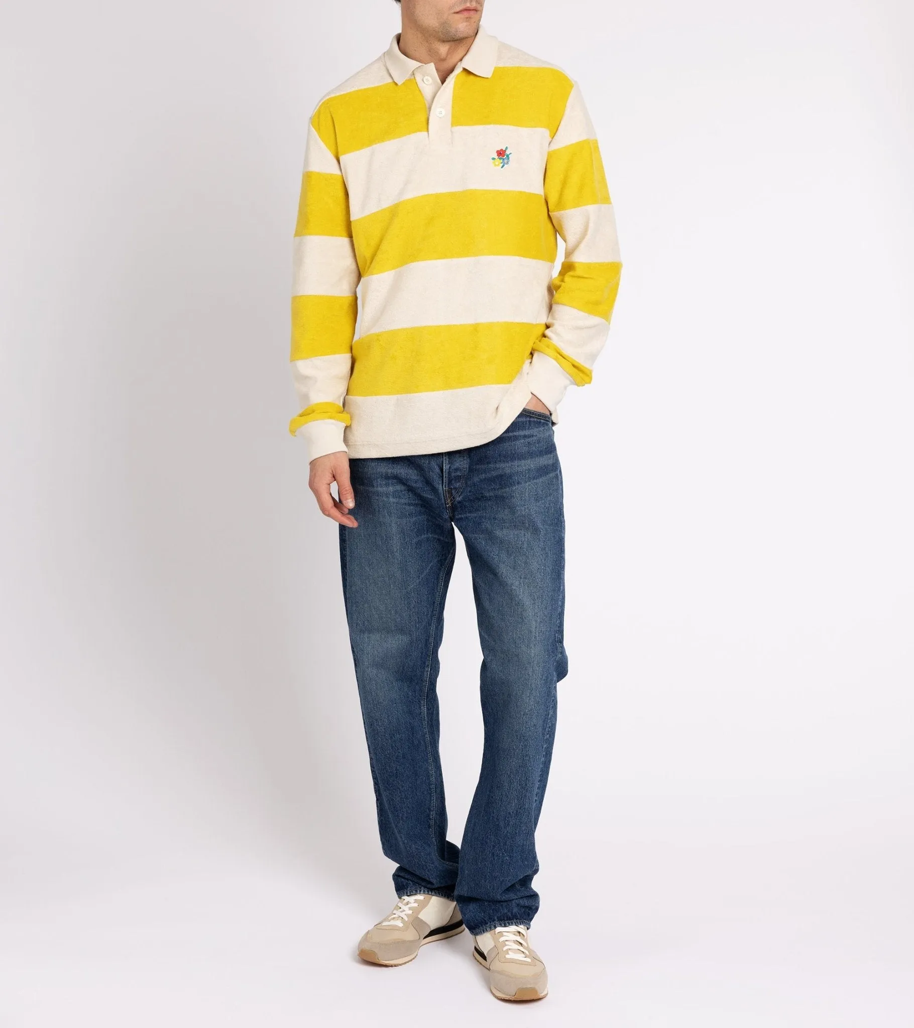 Howlin' A Barrel Of Fun Striped Terry Towel Long Sleeve Polo Shirt: Daffodil