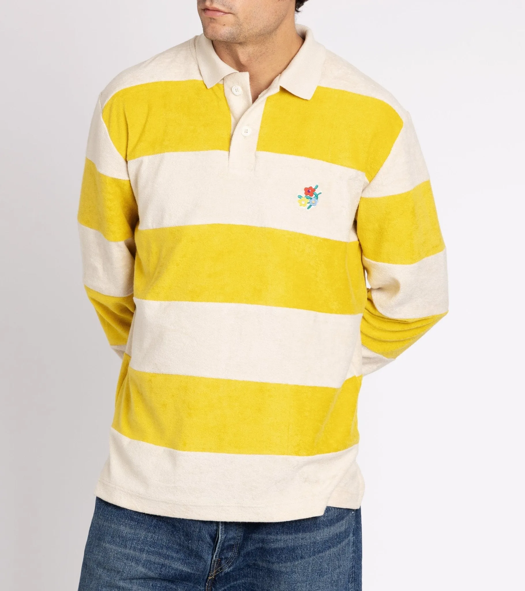 Howlin' A Barrel Of Fun Striped Terry Towel Long Sleeve Polo Shirt: Daffodil