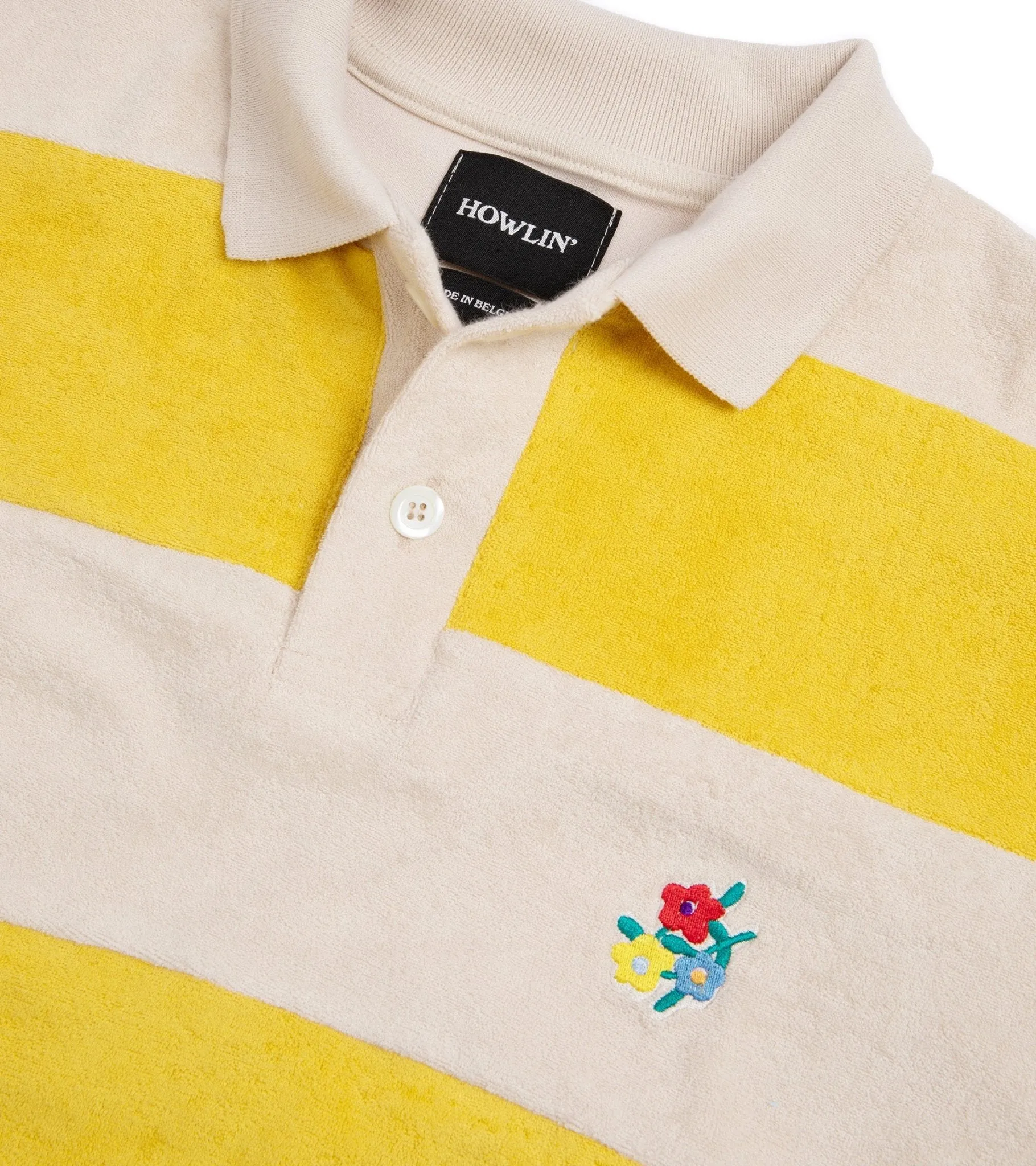 Howlin' A Barrel Of Fun Striped Terry Towel Long Sleeve Polo Shirt: Daffodil