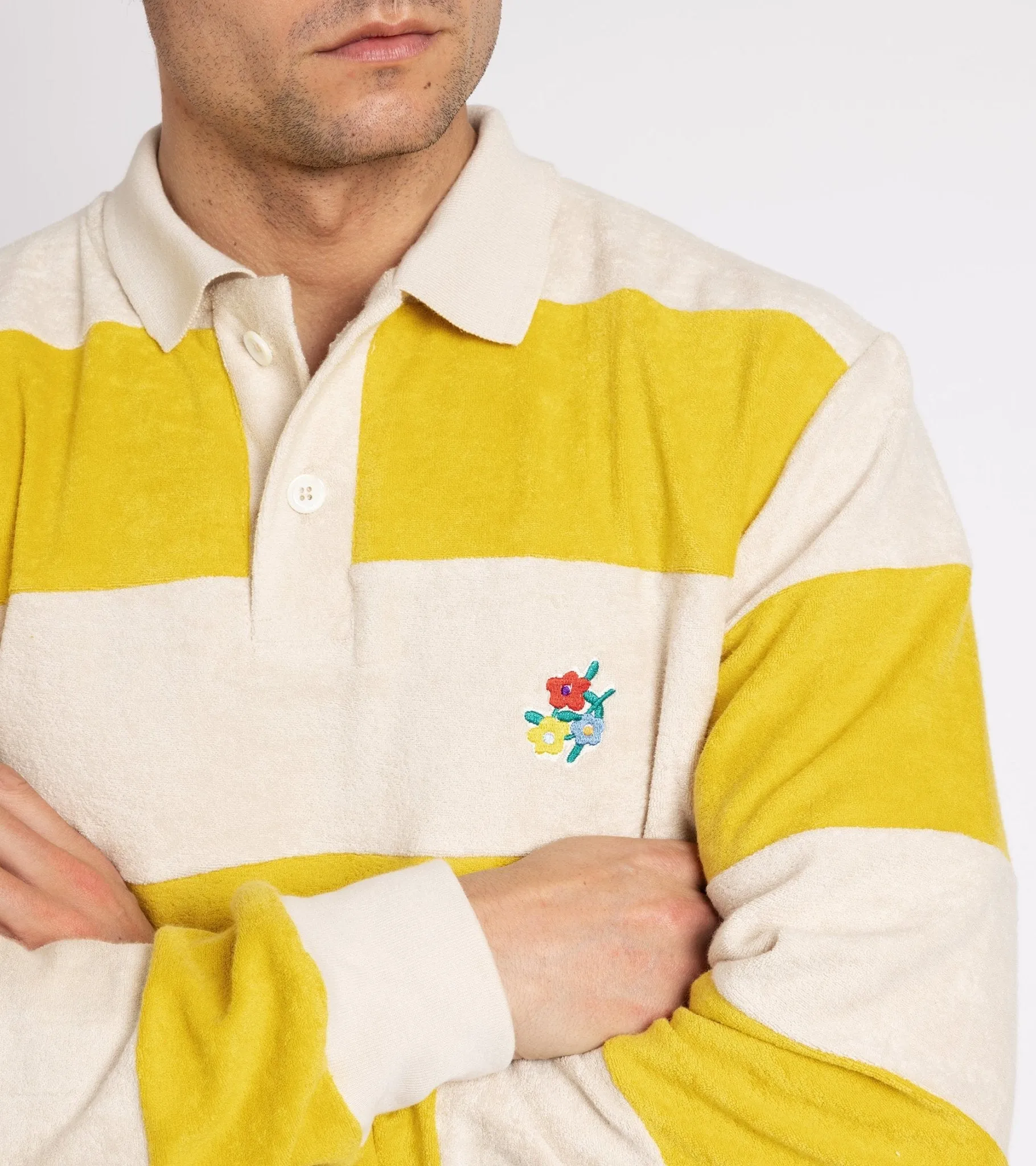 Howlin' A Barrel Of Fun Striped Terry Towel Long Sleeve Polo Shirt: Daffodil