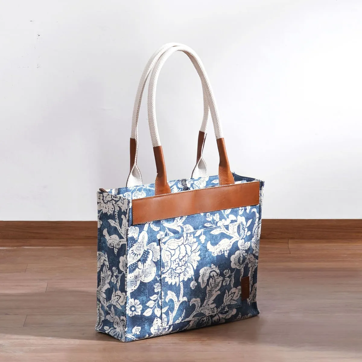 Indigo Dominoterie Print Cotton and Leather Tote Bag, Large Tote, Shoulder Bag