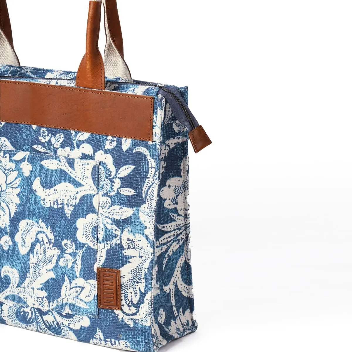 Indigo Dominoterie Print Cotton and Leather Tote Bag, Large Tote, Shoulder Bag