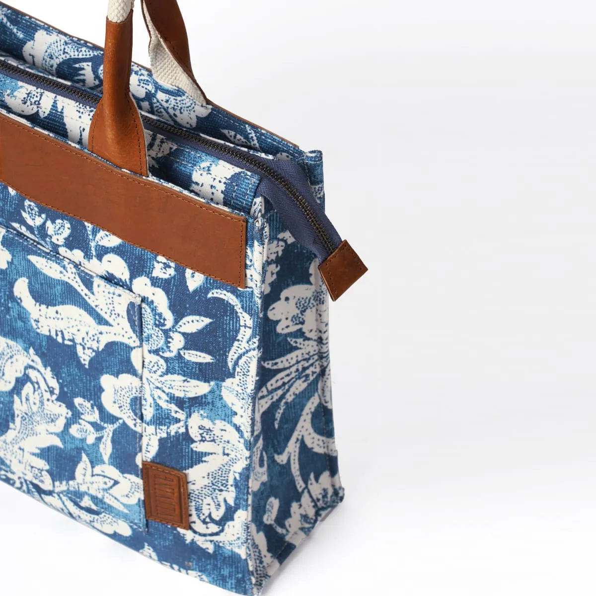 Indigo Dominoterie Print Cotton and Leather Tote Bag, Large Tote, Shoulder Bag