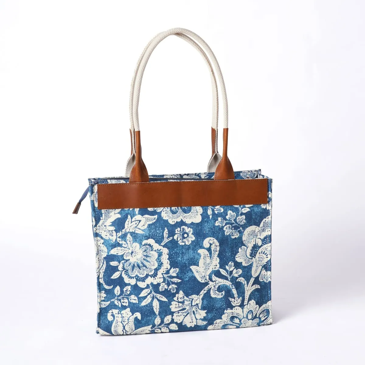 Indigo Dominoterie Print Cotton and Leather Tote Bag, Large Tote, Shoulder Bag