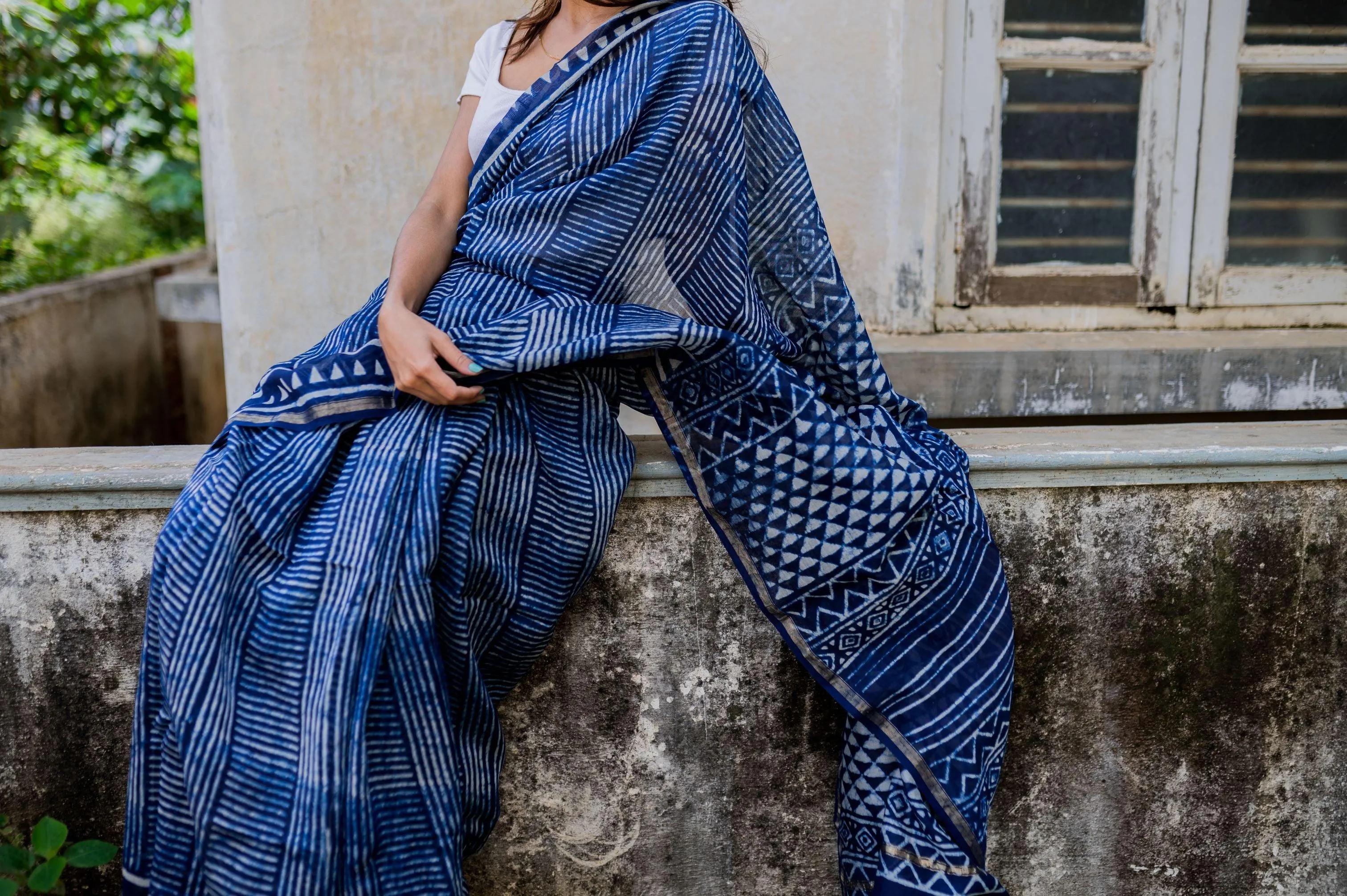 Kaisori Malhar - Dabu Stripes Indigo Silk Cotton saree