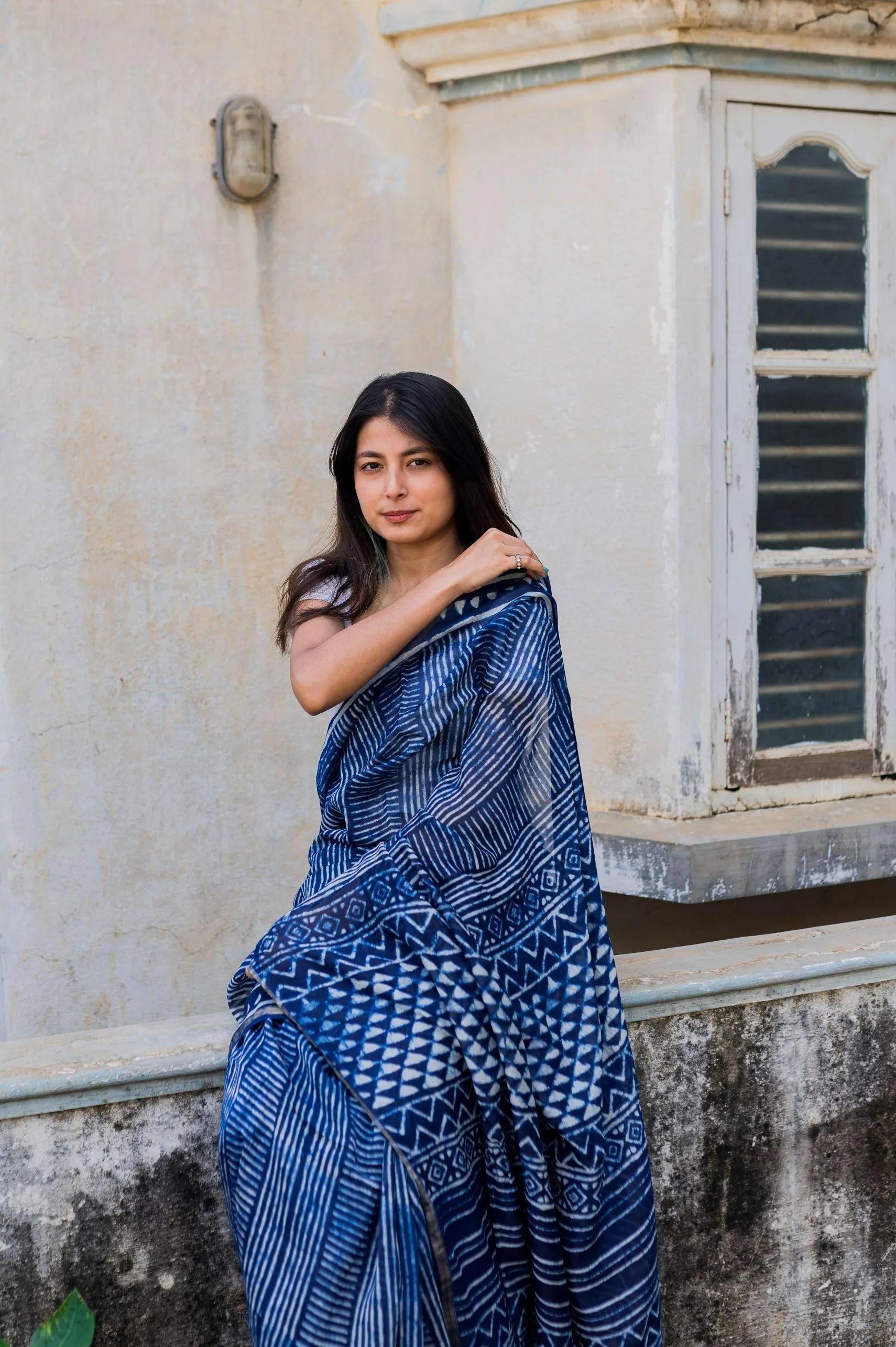 Kaisori Malhar - Dabu Stripes Indigo Silk Cotton saree