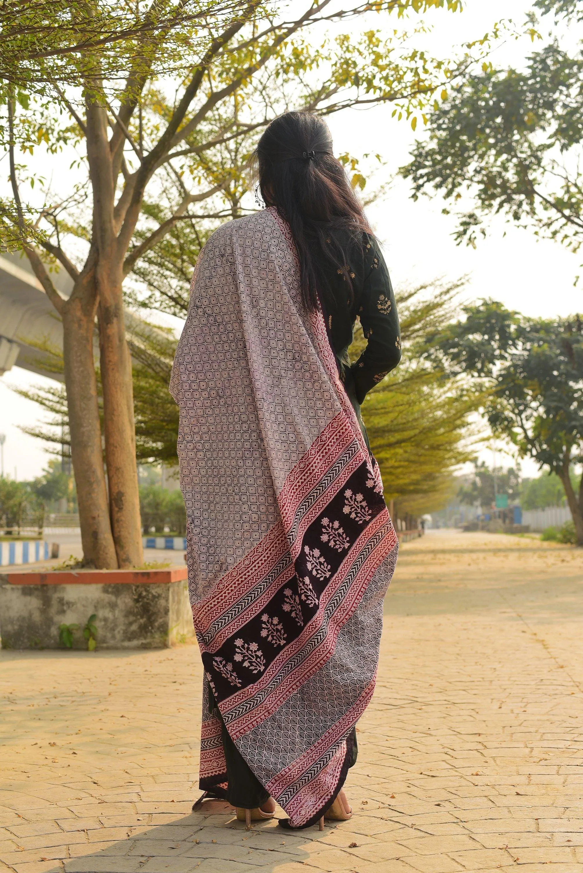 Kaisori Nandana collection - Bagh black honey comb block printed dupatta