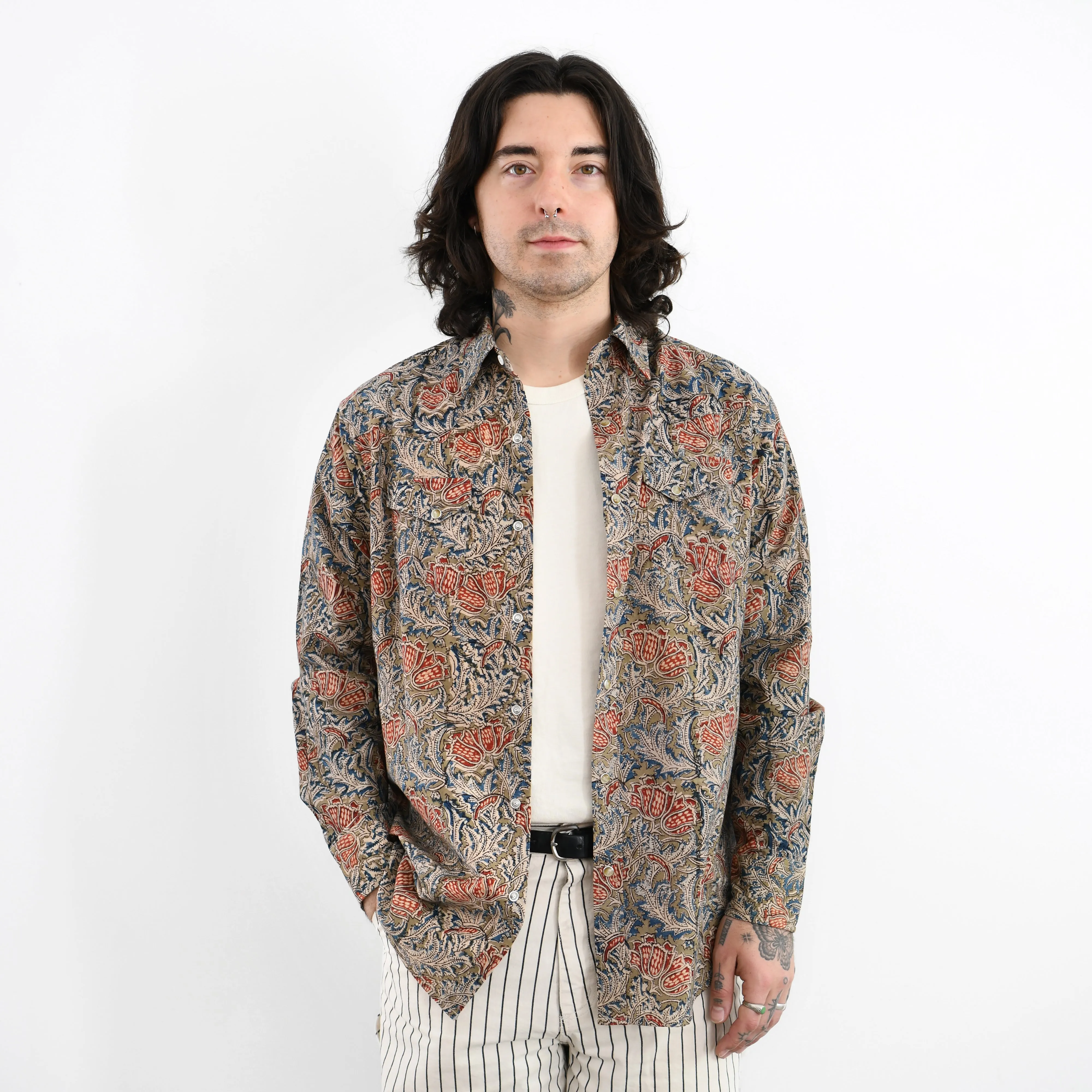 Kalamkari Western Shirt : Olive Floral