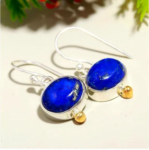 Lapis Lazuli Oval 925 Sterling Silver Designer Handmade Earrings