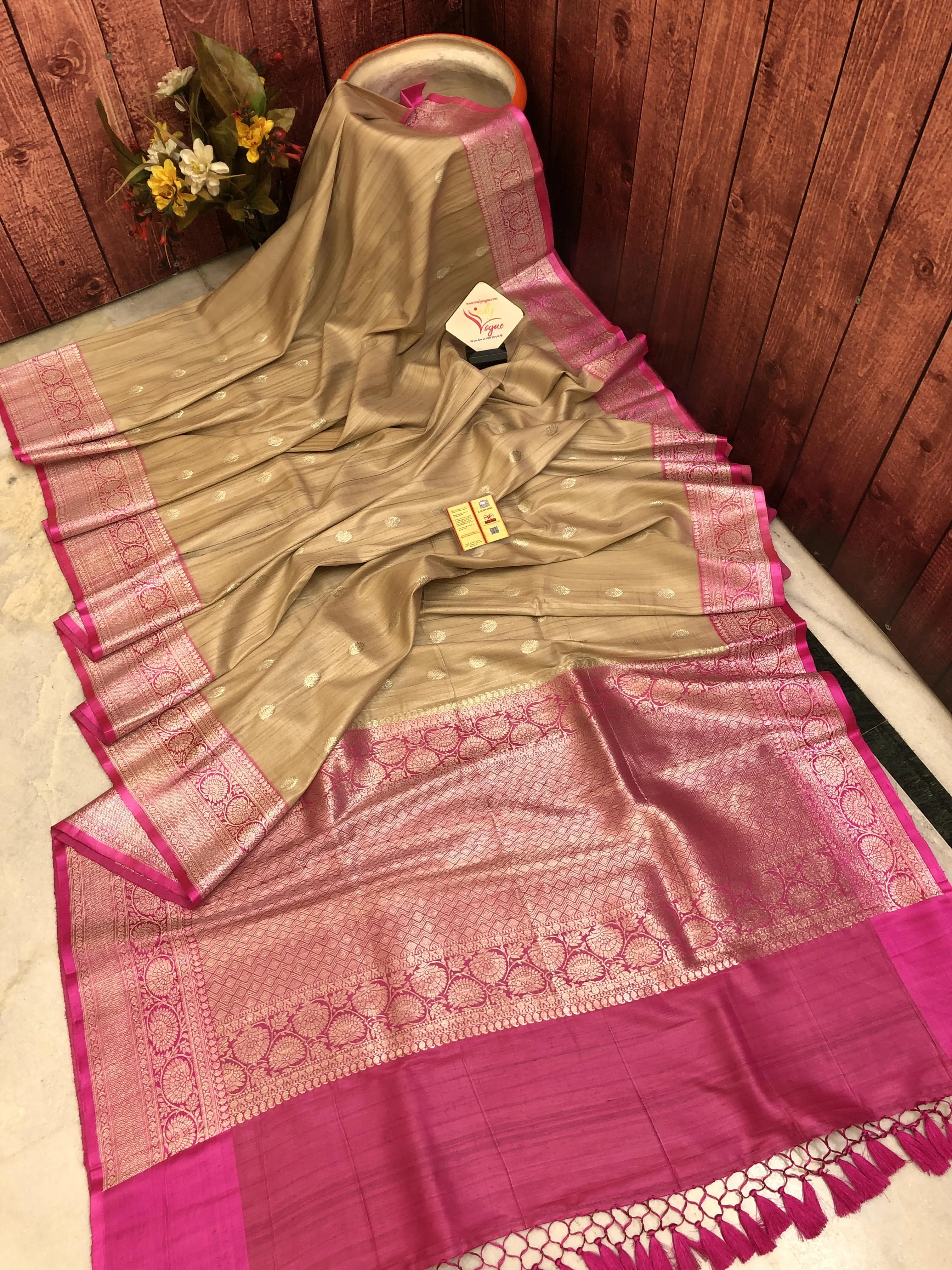 Light Caramel Color Pure Tussar Banarasi Saree with Satin Border