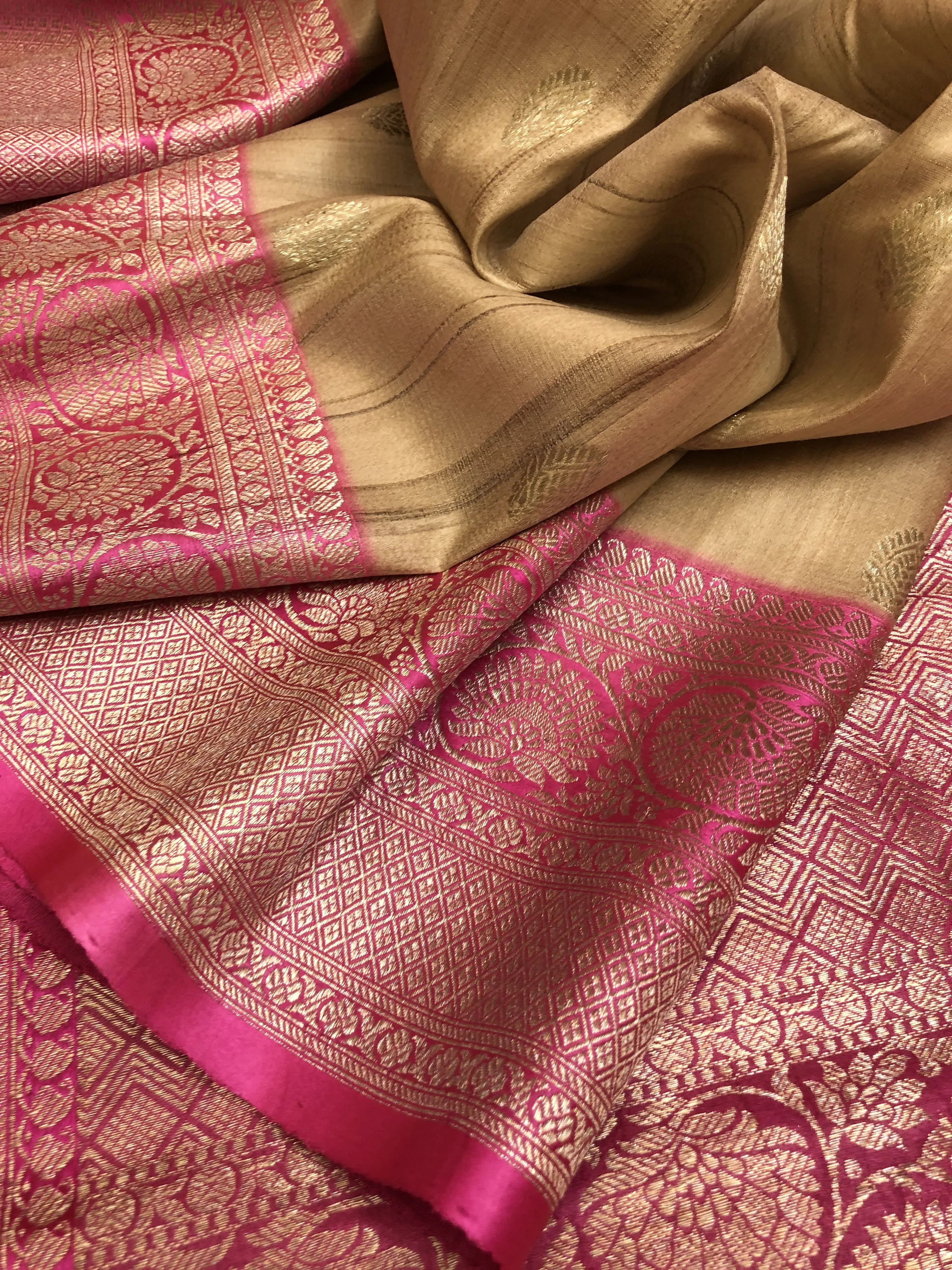 Light Caramel Color Pure Tussar Banarasi Saree with Satin Border