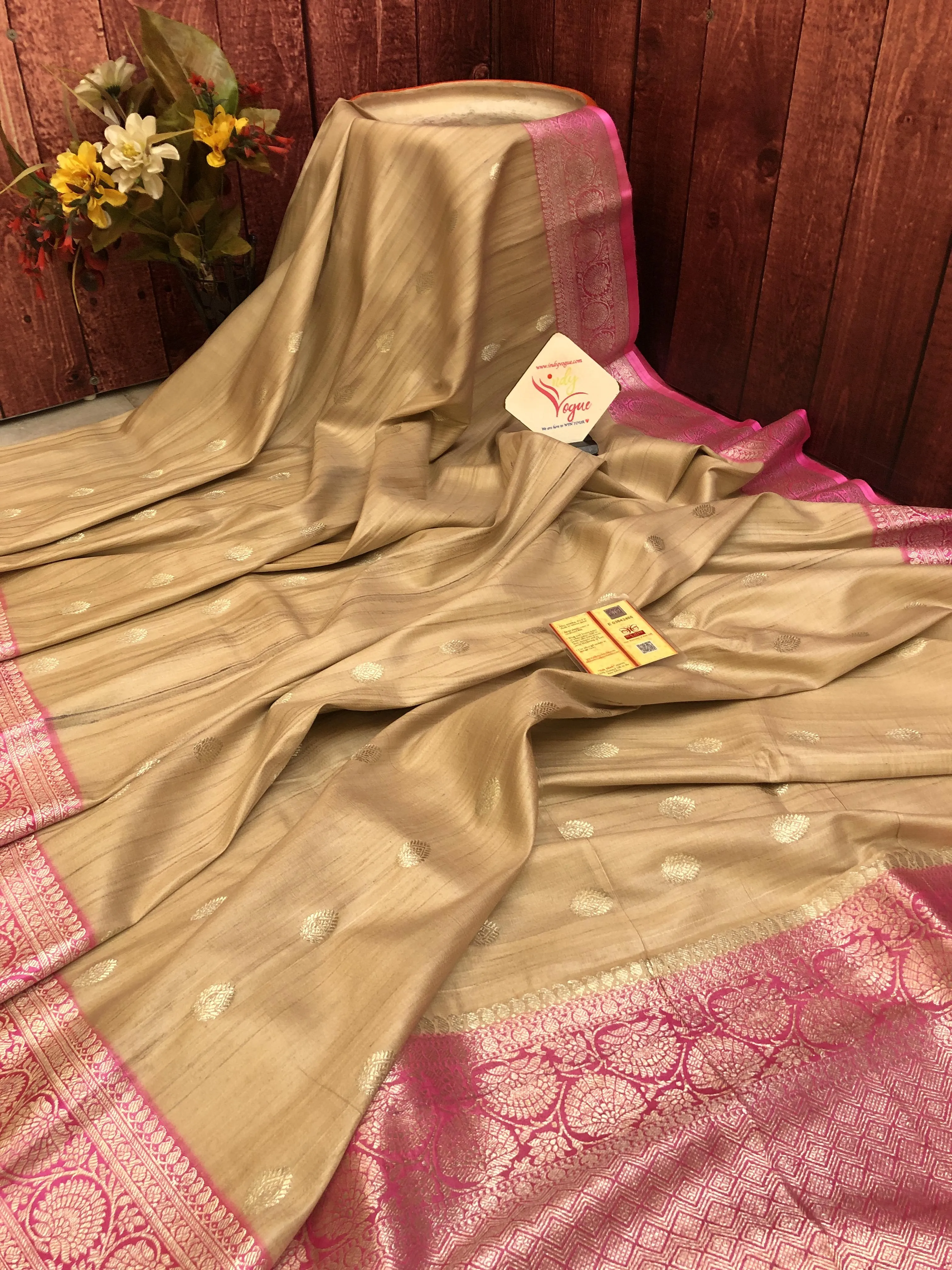 Light Caramel Color Pure Tussar Banarasi Saree with Satin Border