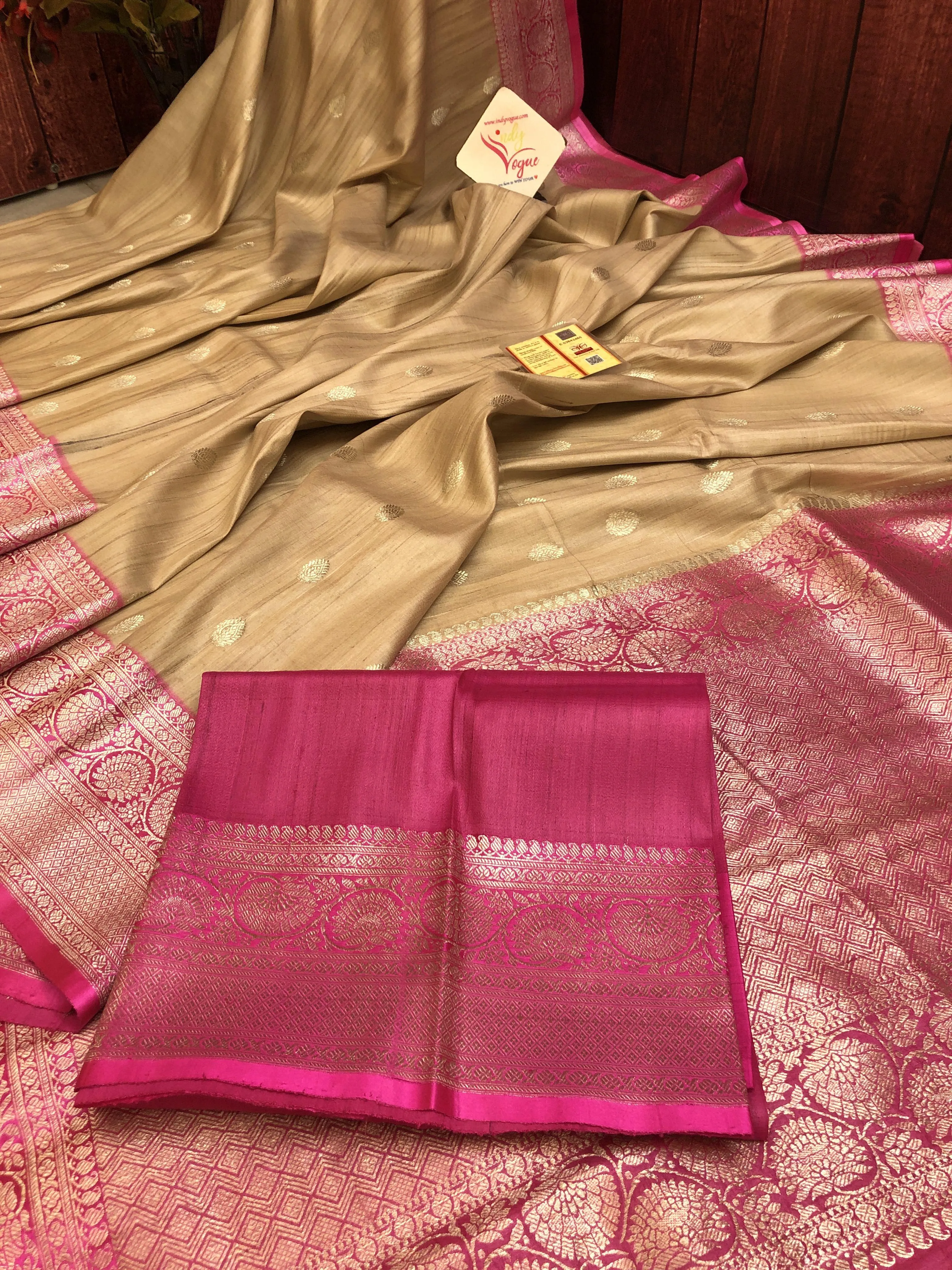 Light Caramel Color Pure Tussar Banarasi Saree with Satin Border