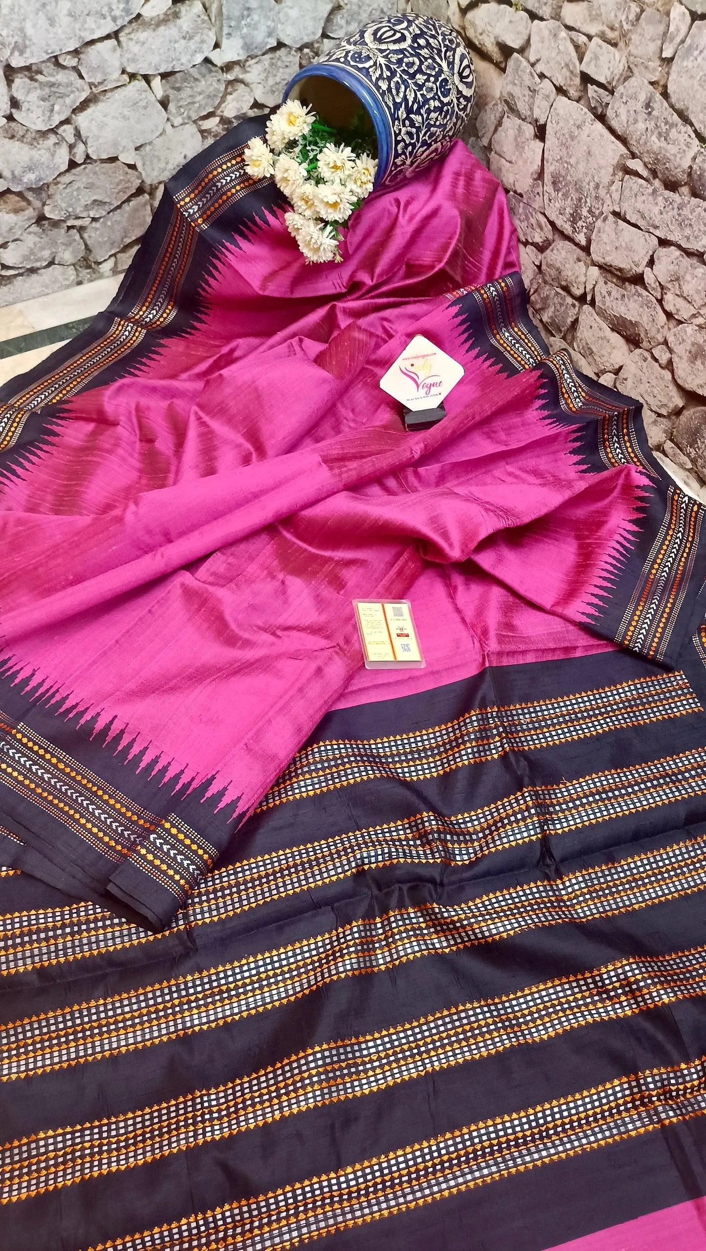 Magenta and Navy Blue Color Pure Raw Silk Saree with Vidhardha Border