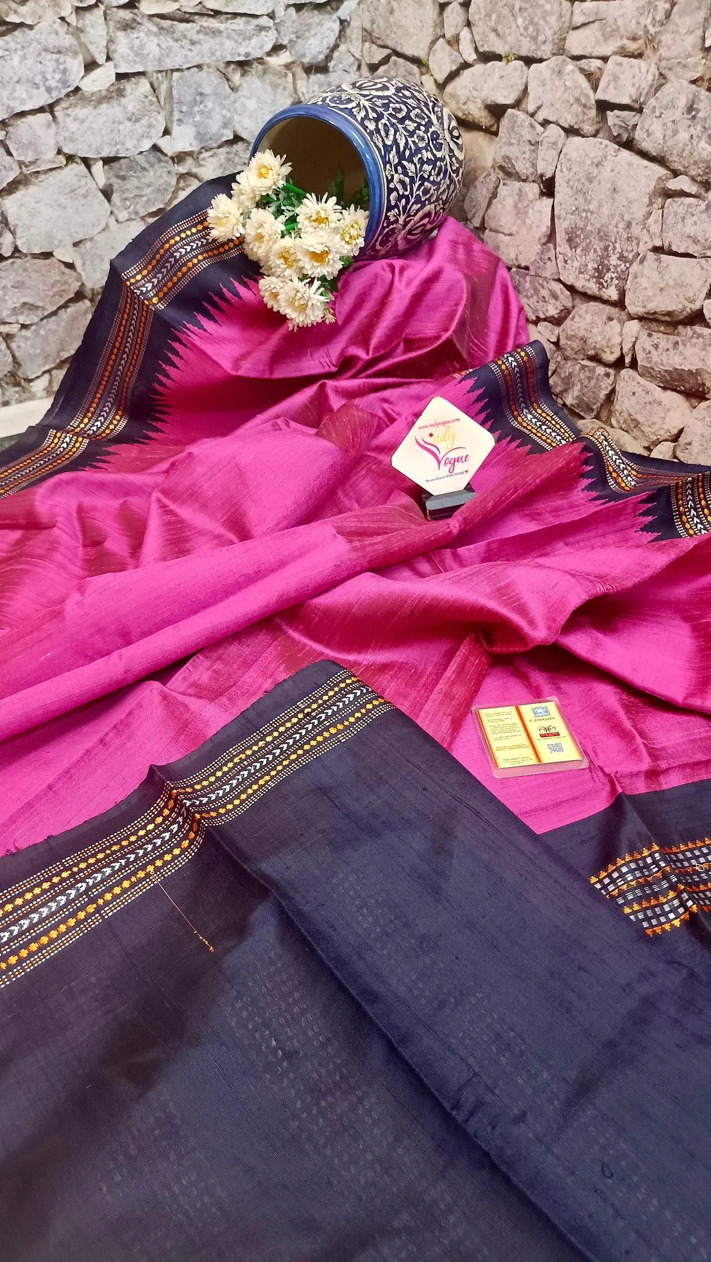 Magenta and Navy Blue Color Pure Raw Silk Saree with Vidhardha Border