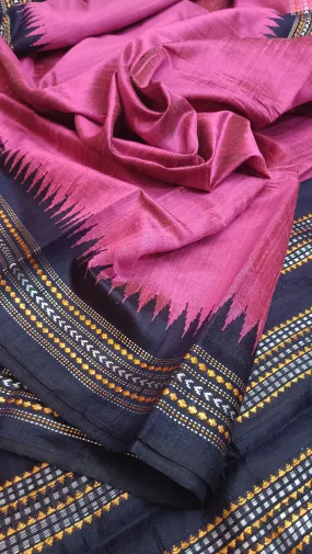 Magenta and Navy Blue Color Pure Raw Silk Saree with Vidhardha Border