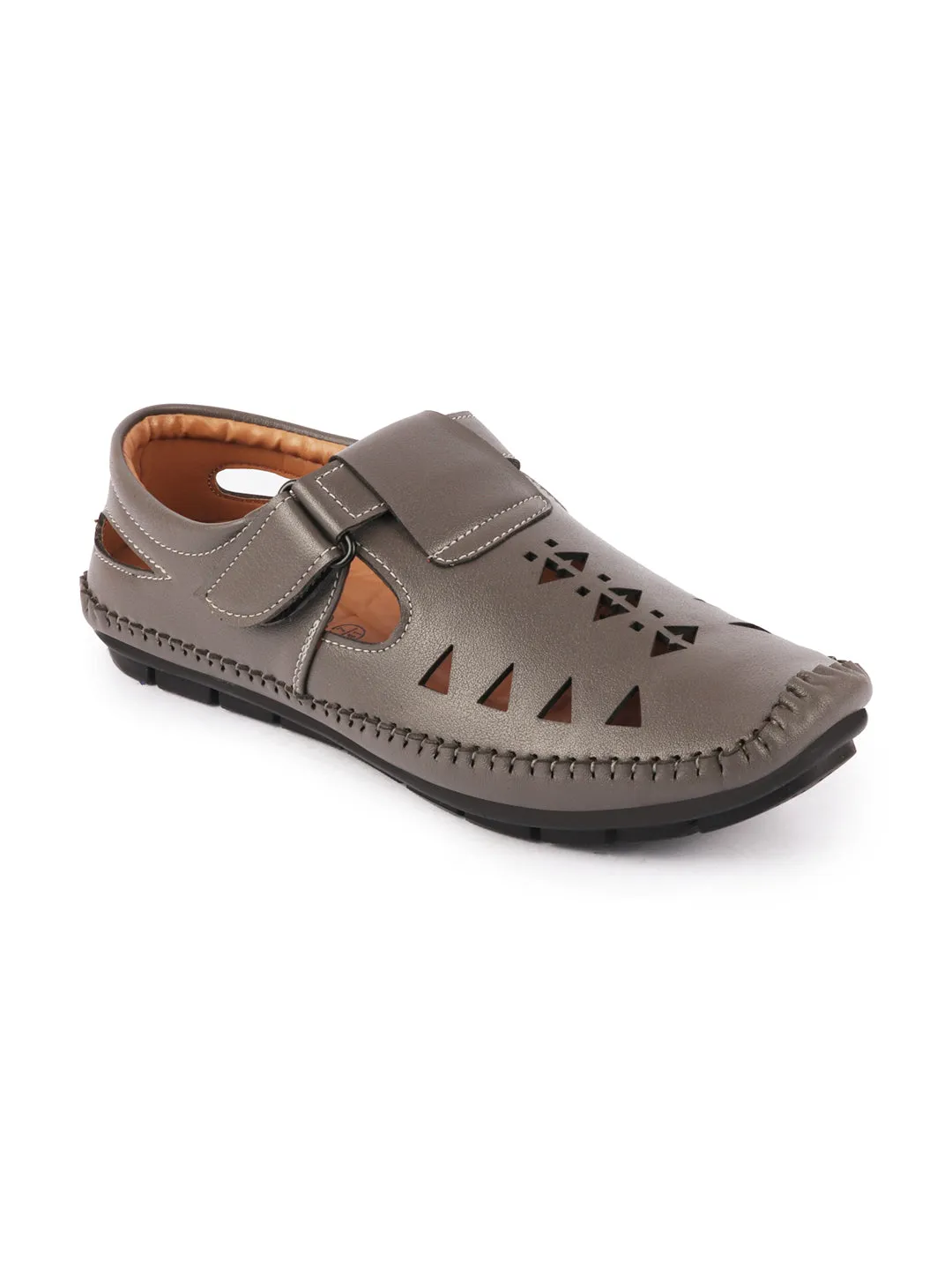 Men Grey Laser Cut Design Side Stitched Hook & Loop Driving Roman Sandals