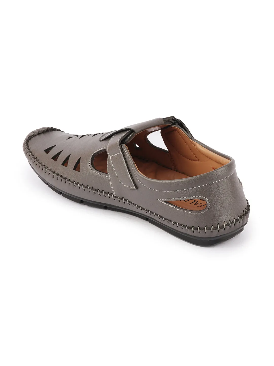 Men Grey Laser Cut Design Side Stitched Hook & Loop Driving Roman Sandals