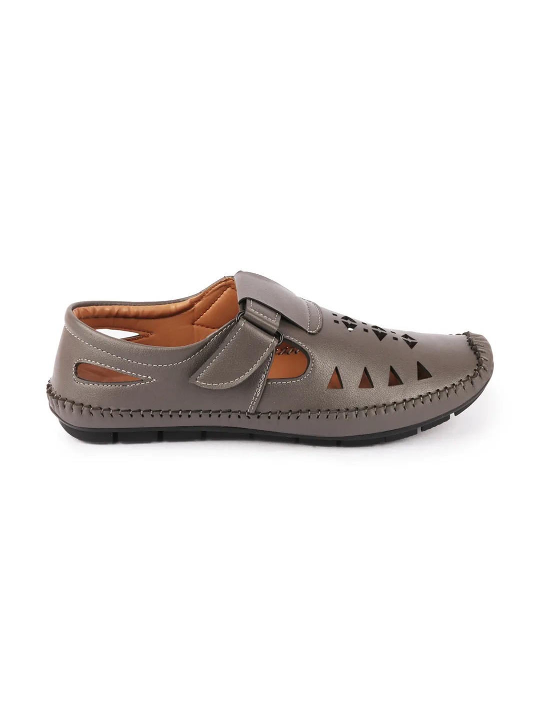 Men Grey Laser Cut Design Side Stitched Hook & Loop Driving Roman Sandals