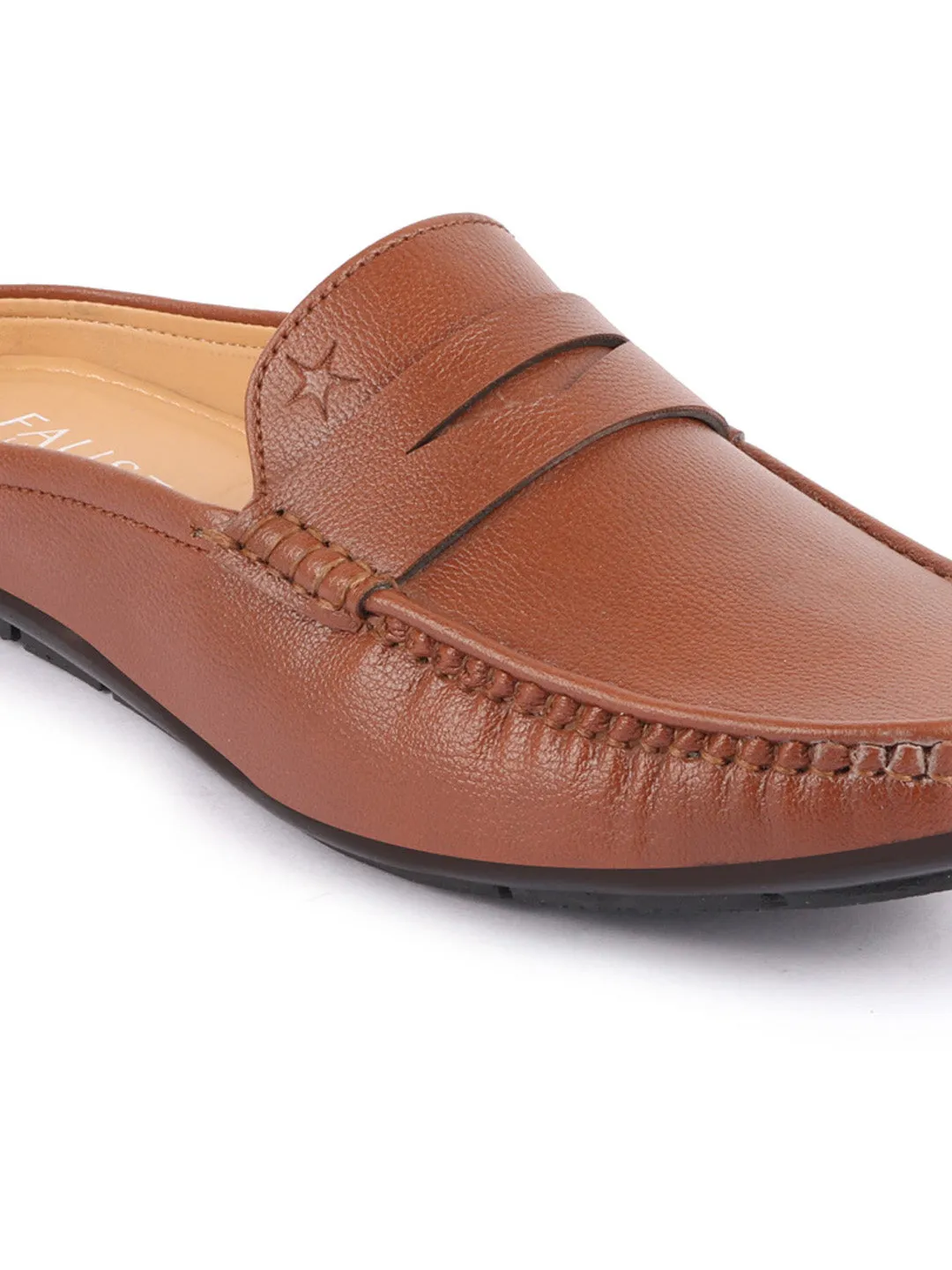 Men Tan Slip On Back Open Stitched Mules Casual Shoes