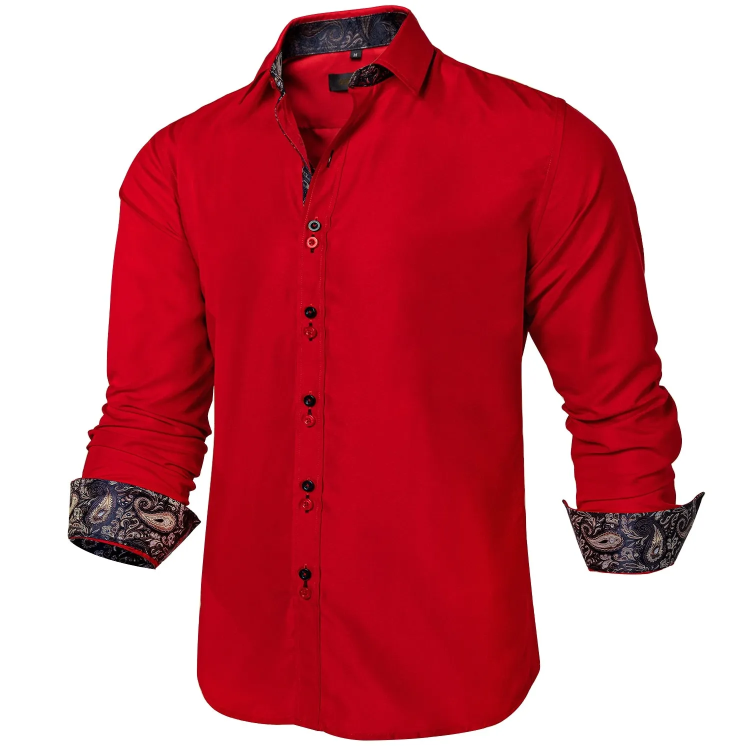 Men's Shirt Long Sleeve Red Solid Blue Paisley Color Contrast Dress Shirt for Men's Button-down Collar Clothing