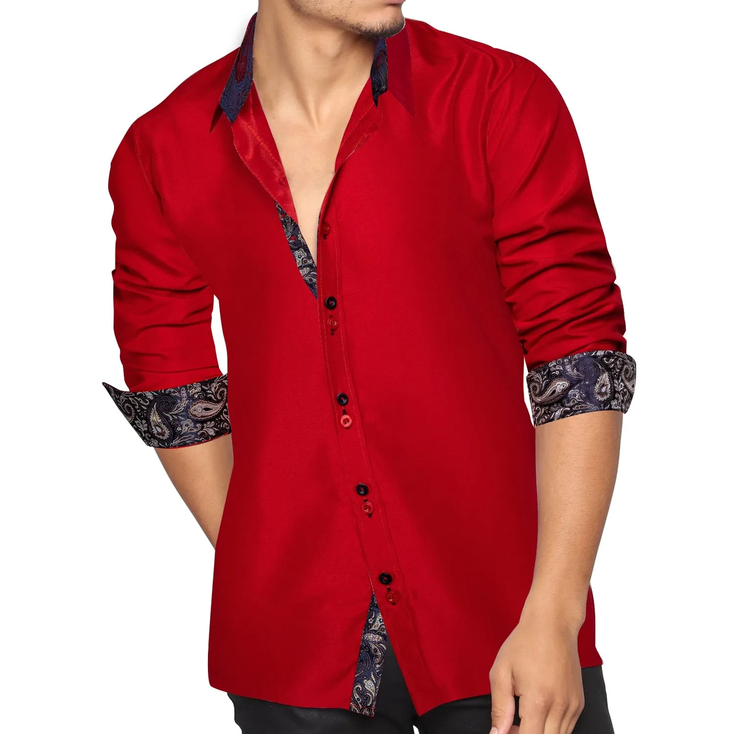 Men's Shirt Long Sleeve Red Solid Blue Paisley Color Contrast Dress Shirt for Men's Button-down Collar Clothing