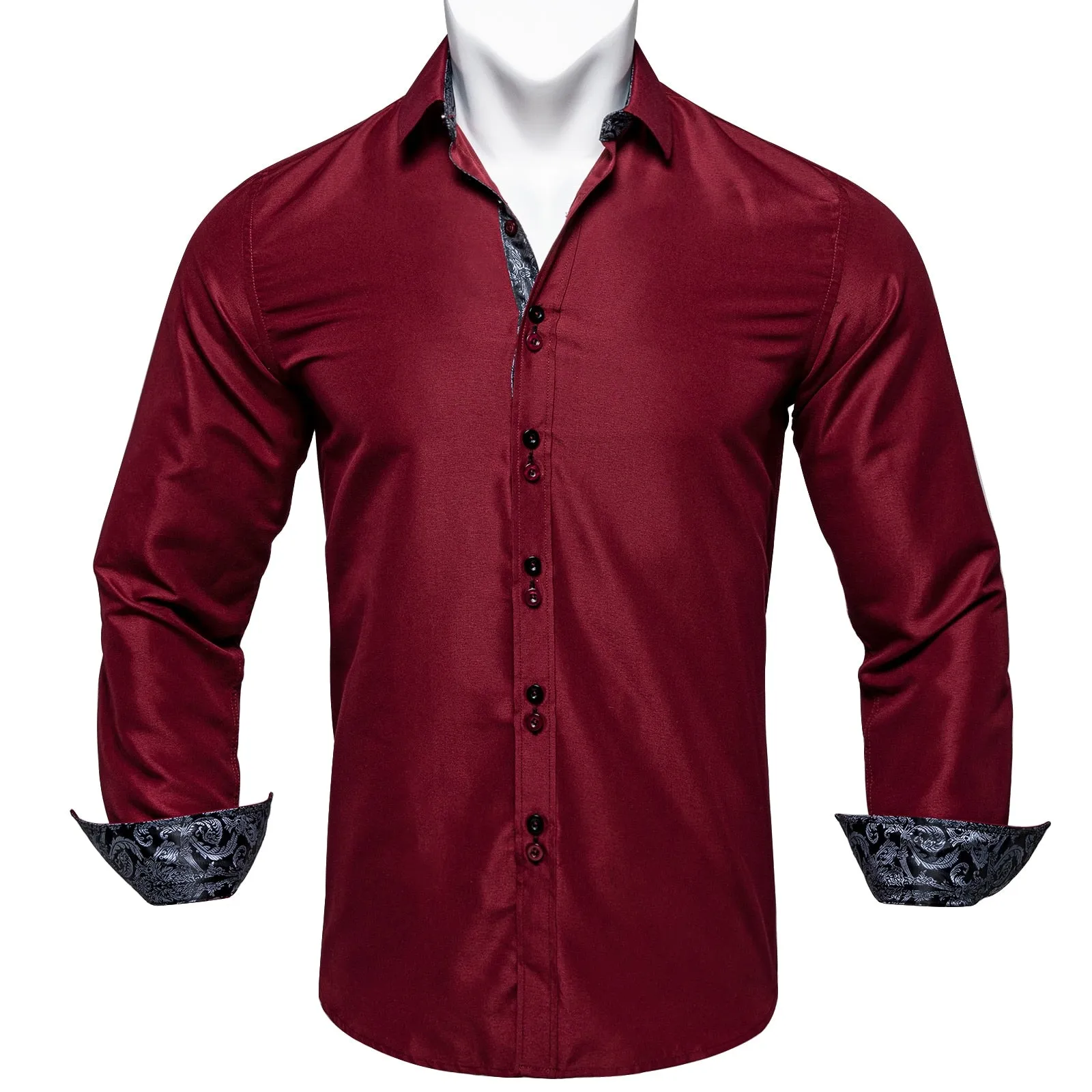 Men's Shirt Long Sleeve Red Solid Blue Paisley Color Contrast Dress Shirt for Men's Button-down Collar Clothing