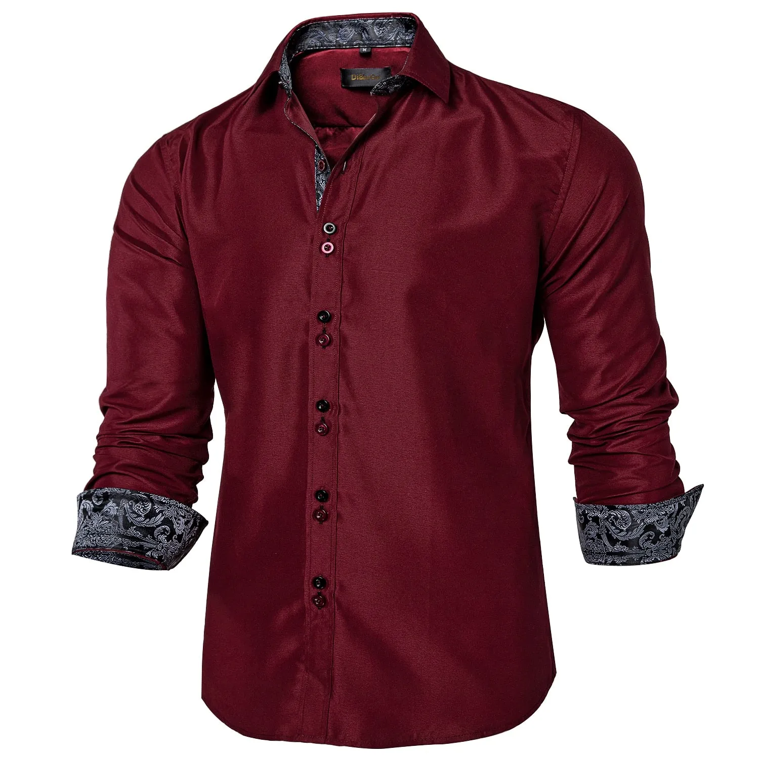 Men's Shirt Long Sleeve Red Solid Blue Paisley Color Contrast Dress Shirt for Men's Button-down Collar Clothing