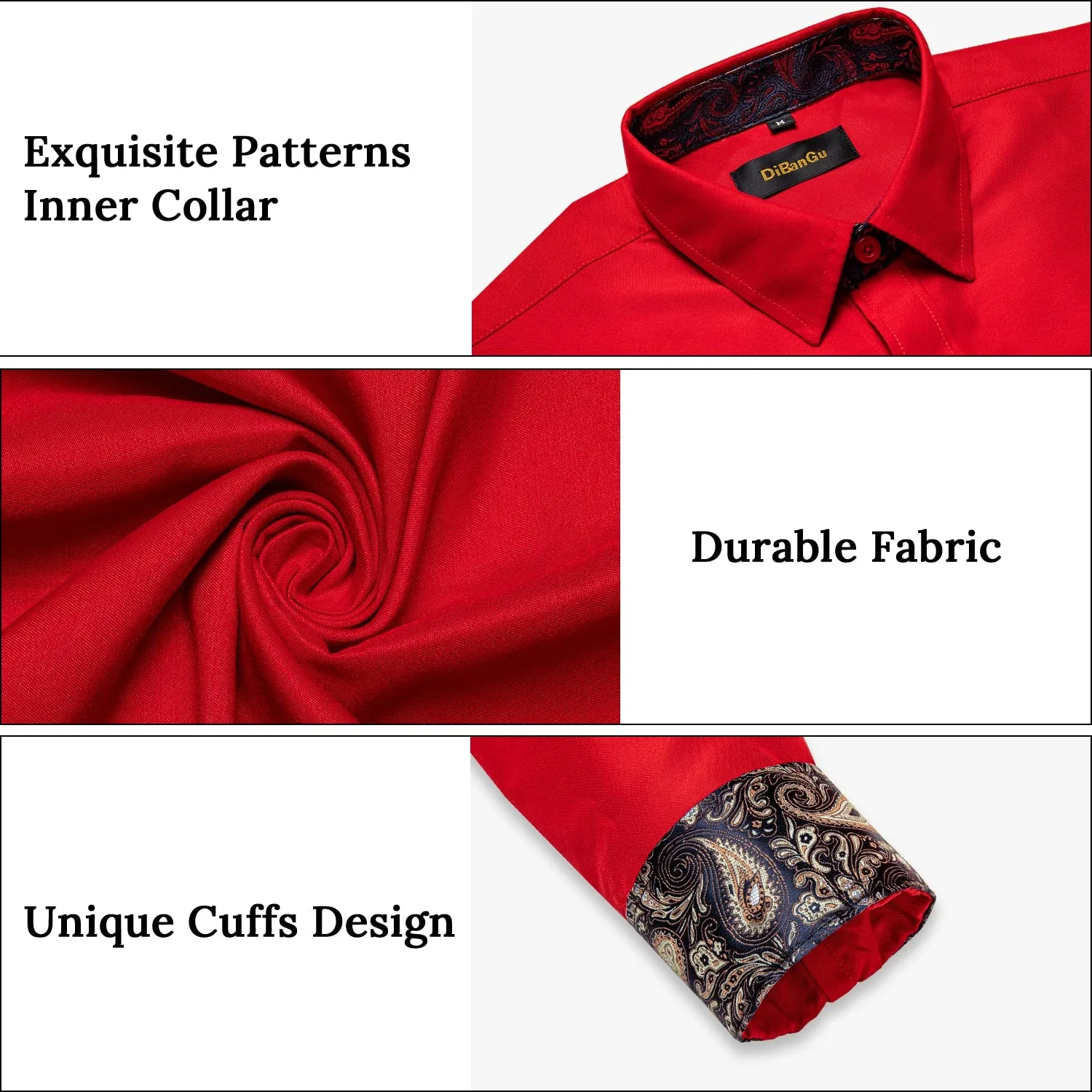 Men's Shirt Long Sleeve Red Solid Blue Paisley Color Contrast Dress Shirt for Men's Button-down Collar Clothing