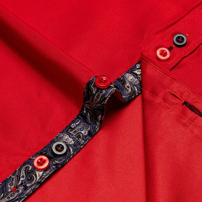 Men's Shirt Long Sleeve Red Solid Blue Paisley Color Contrast Dress Shirt for Men's Button-down Collar Clothing