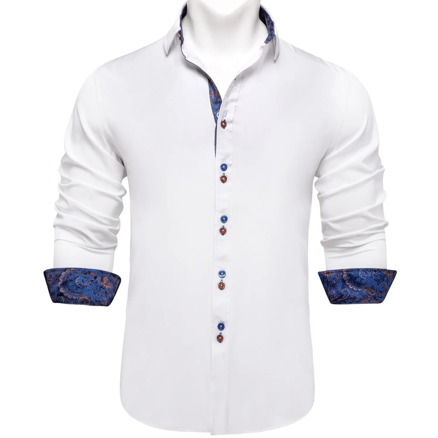 Men's Shirt Long Sleeve Red Solid Blue Paisley Color Contrast Dress Shirt for Men's Button-down Collar Clothing