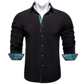 Men's Shirt Long Sleeve Red Solid Blue Paisley Color Contrast Dress Shirt for Men's Button-down Collar Clothing