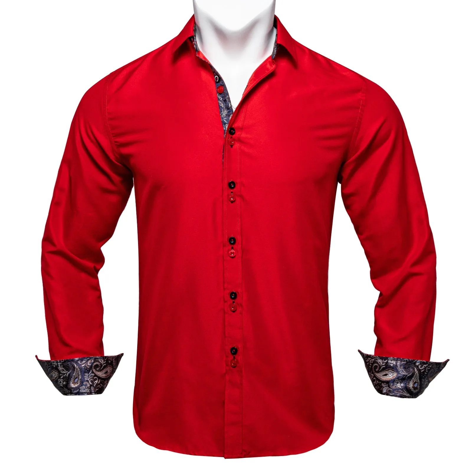 Men's Shirt Long Sleeve Red Solid Blue Paisley Color Contrast Dress Shirt for Men's Button-down Collar Clothing