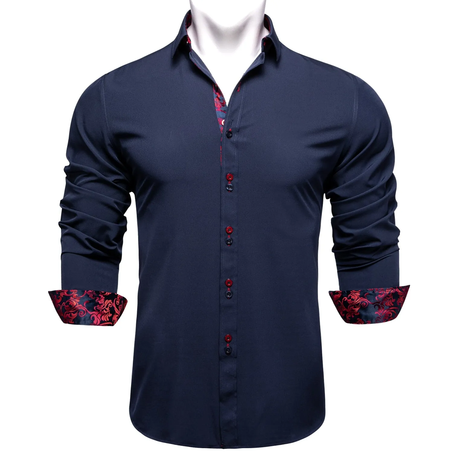 Men's Shirt Long Sleeve Red Solid Blue Paisley Color Contrast Dress Shirt for Men's Button-down Collar Clothing