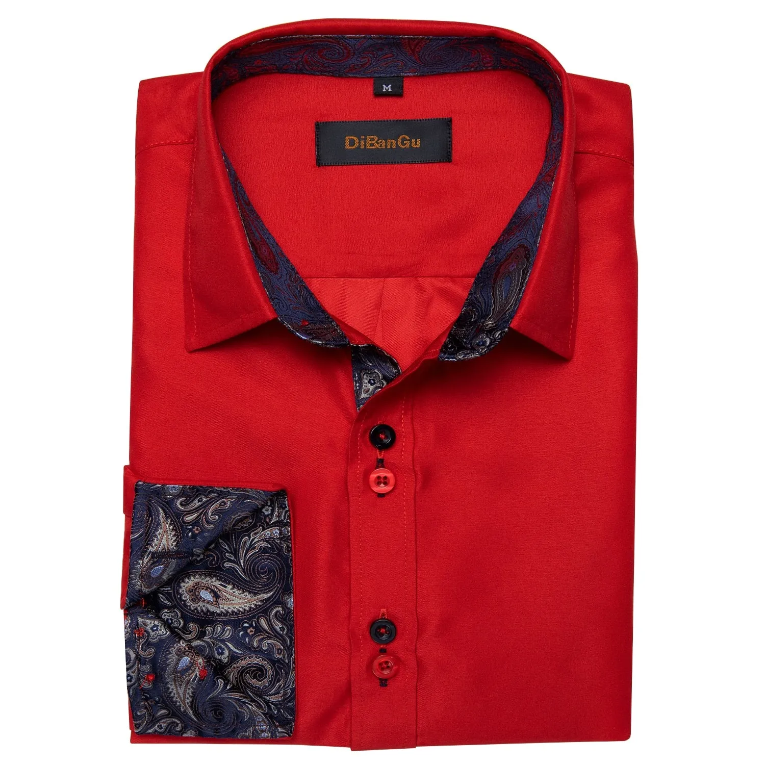 Men's Shirt Long Sleeve Red Solid Blue Paisley Color Contrast Dress Shirt for Men's Button-down Collar Clothing