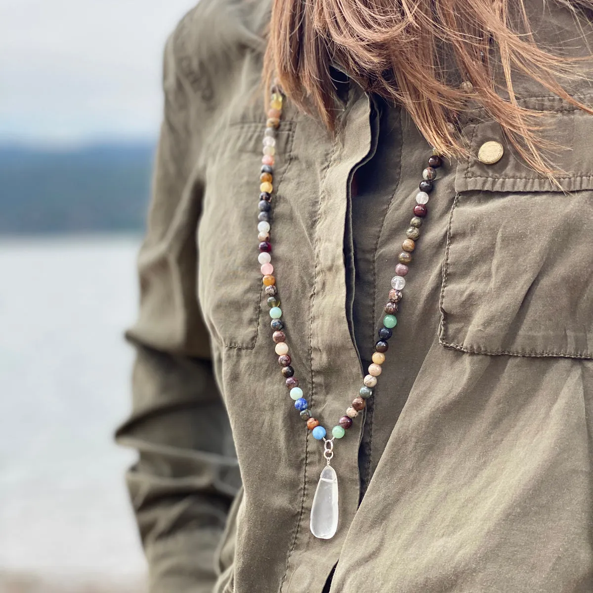 Mother Earth Healing Crystals Mindfulness Necklace with Sea Glass