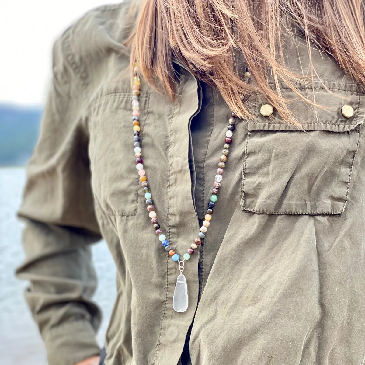 Mother Earth Healing Crystals Mindfulness Necklace with Sea Glass