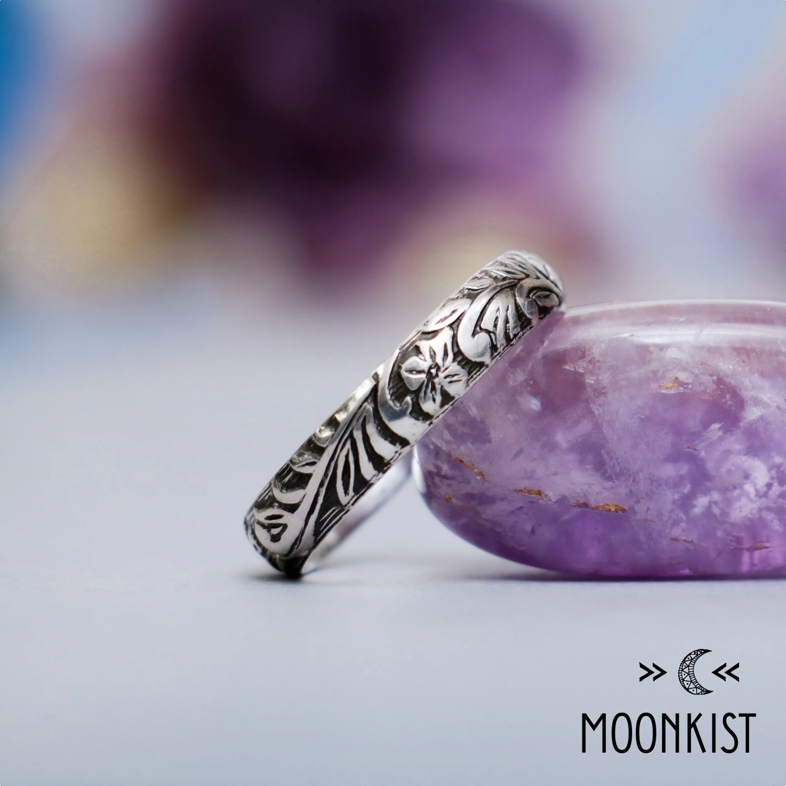 Nature Inspired Silver Flower and Leaf Wedding Band | Moonkist Designs