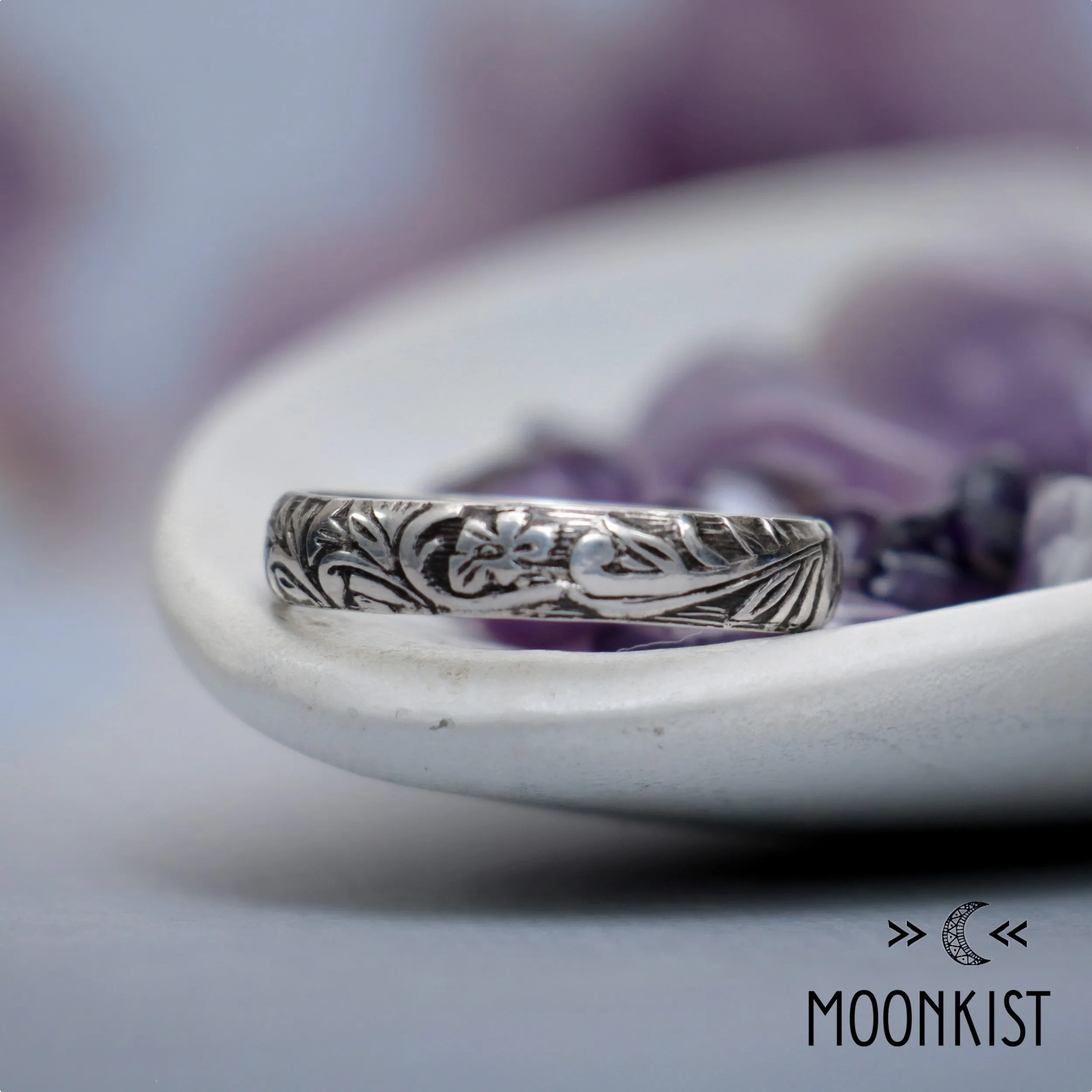 Nature Inspired Silver Flower and Leaf Wedding Band | Moonkist Designs