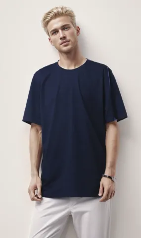 O180764 Elbow-Sleeves Crew Neck Navy Blue Tee