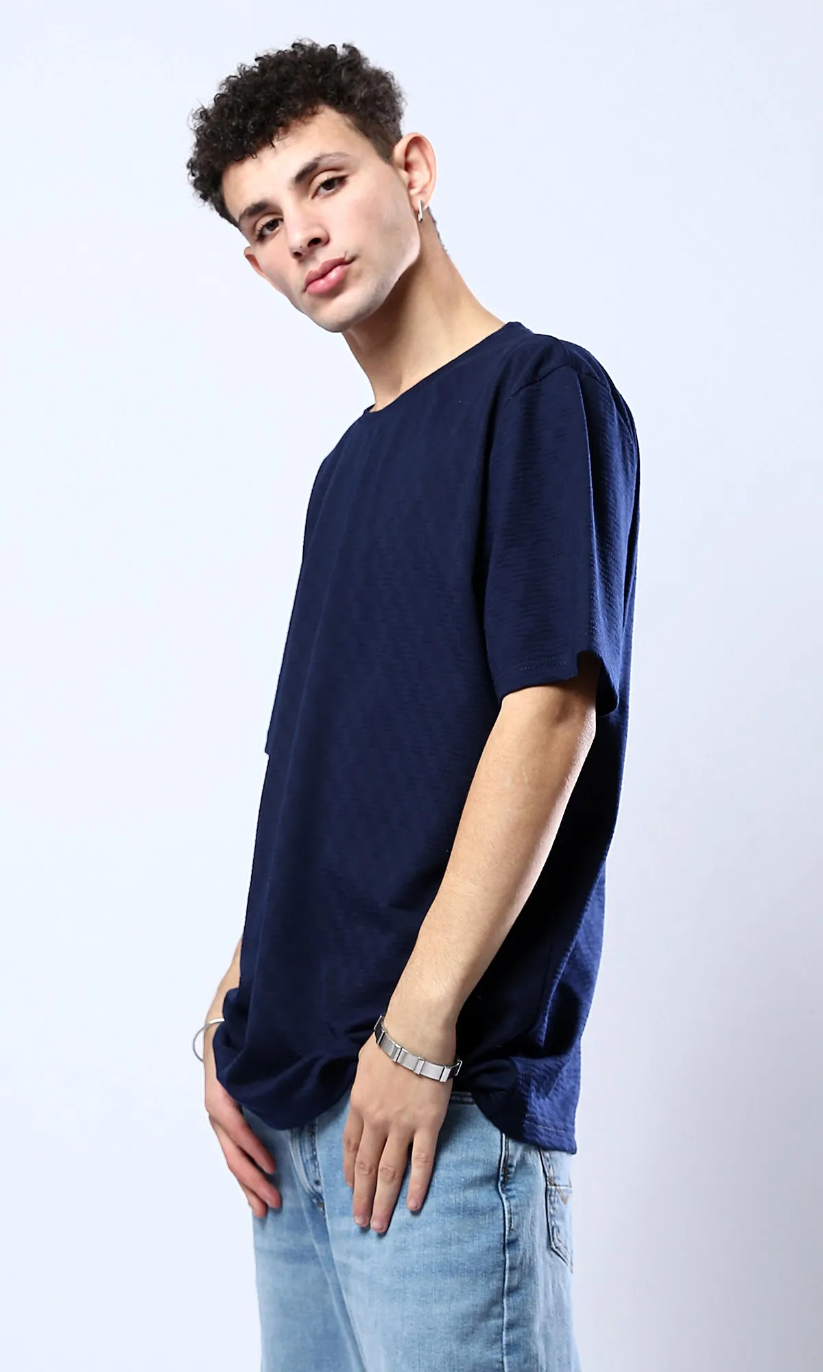 O180764 Elbow-Sleeves Crew Neck Navy Blue Tee